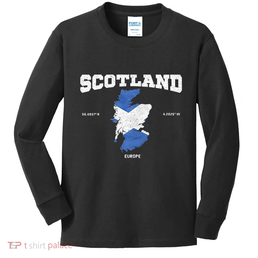 Scottish Flag And Map Scotland Coordinates Kids Long Sleeve Shirt