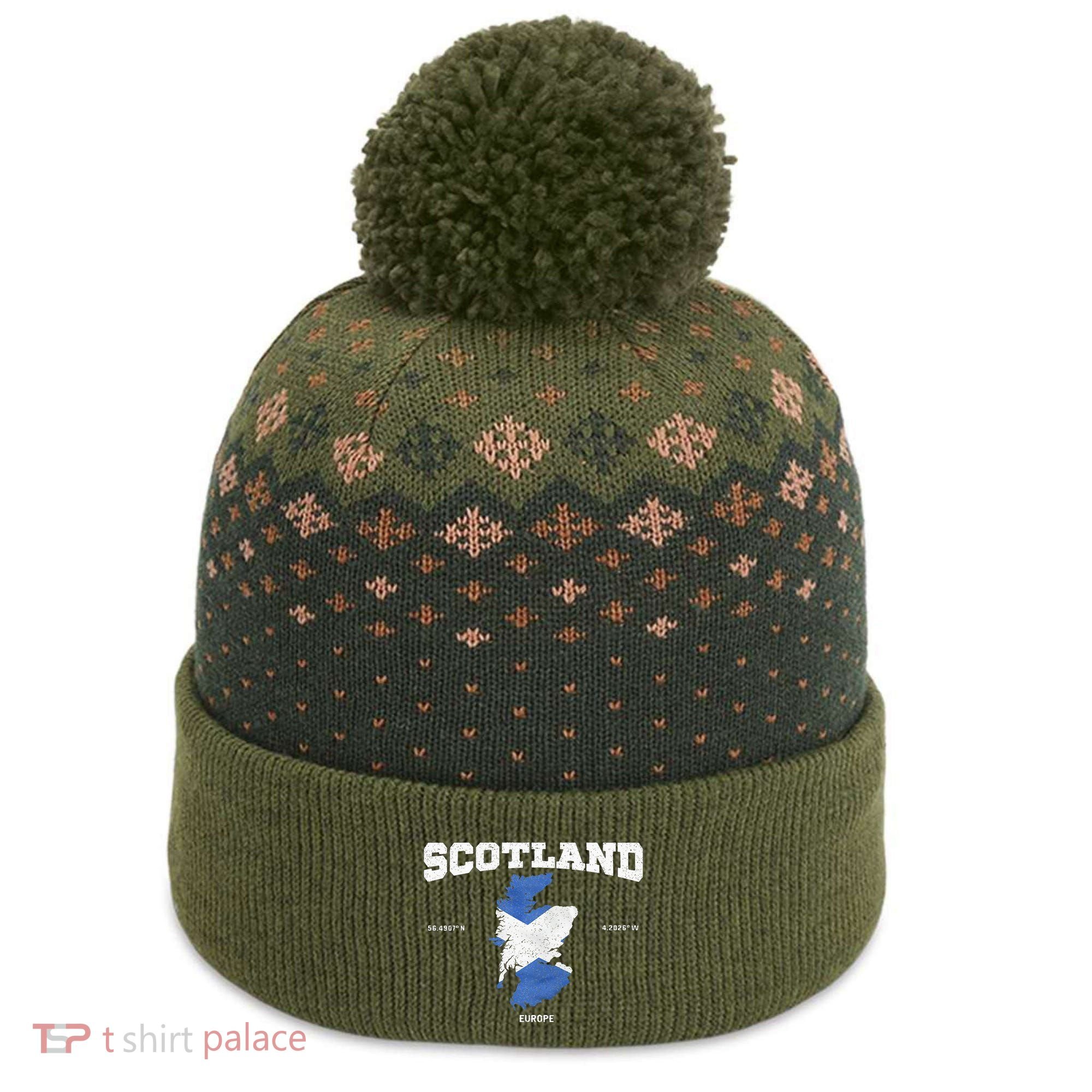 Scottish Flag And Map Scotland Coordinates The Baniff Cuffed Pom Beanie