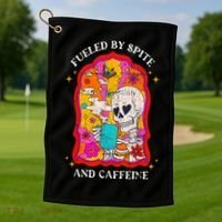 Skeleton Fueled By Spite And Caffeine Golf Towel thumb 1
