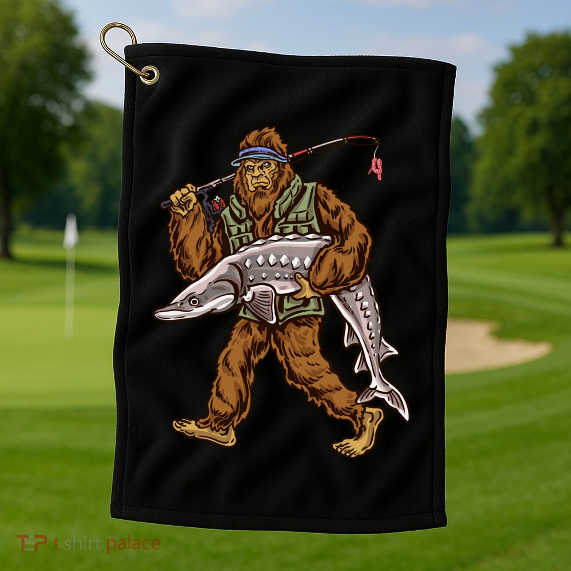 Sturgeon Fishing Bigfoot Fisher Gift Golf Towel