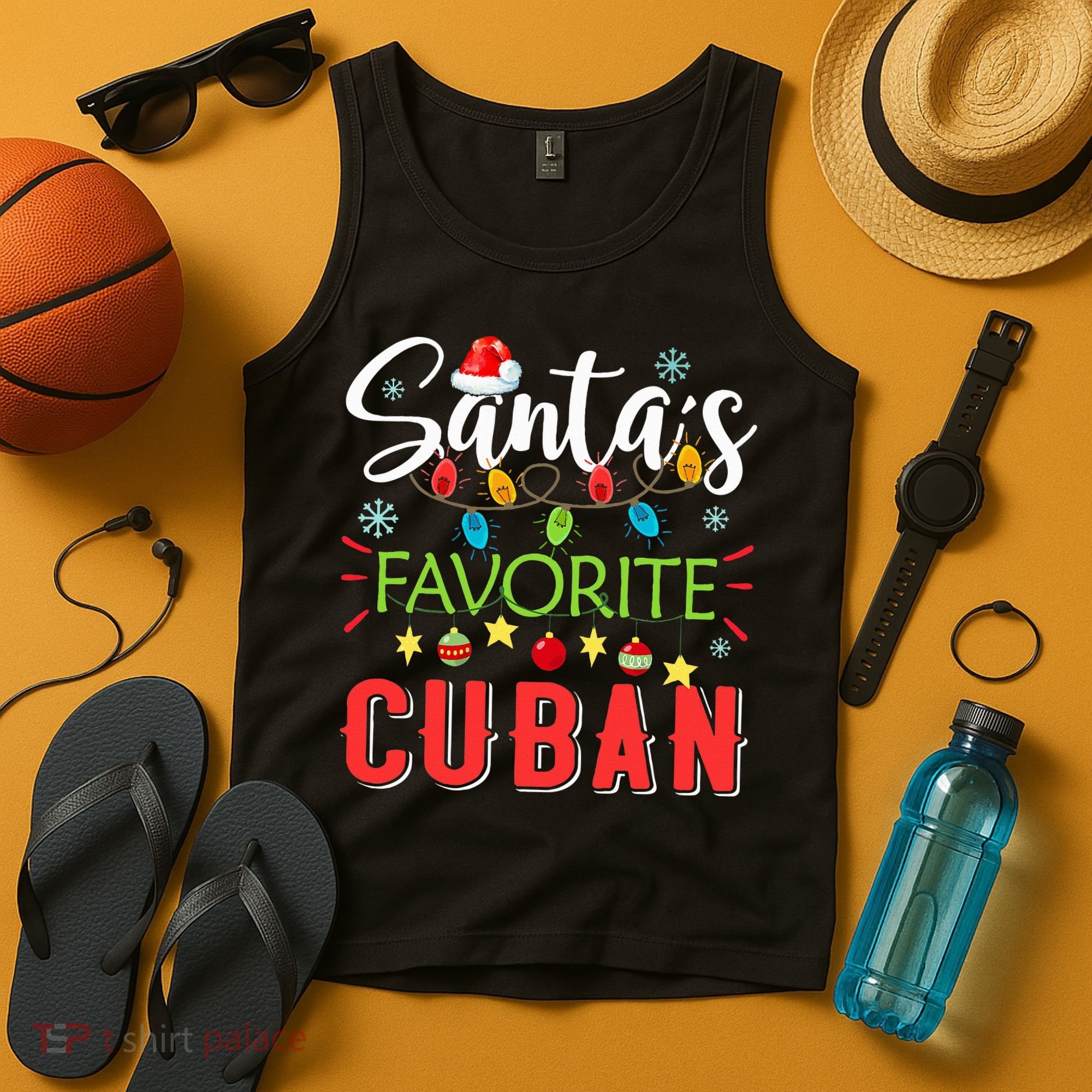 Santa's Favorite Cuban Xmas Light Santa Hat Christmas Gift Tank Top