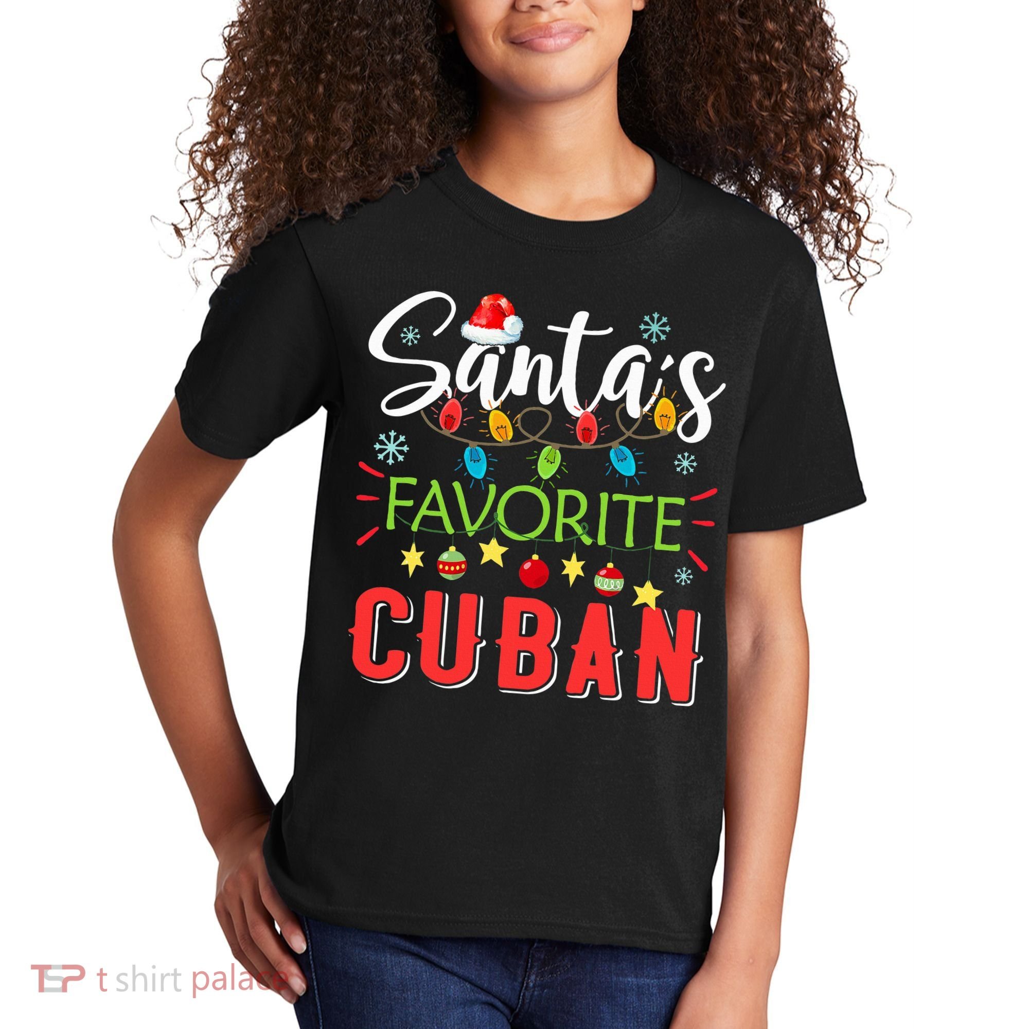 Santa's Favorite Cuban Xmas Light Santa Hat Christmas Gift Kids T-Shirt