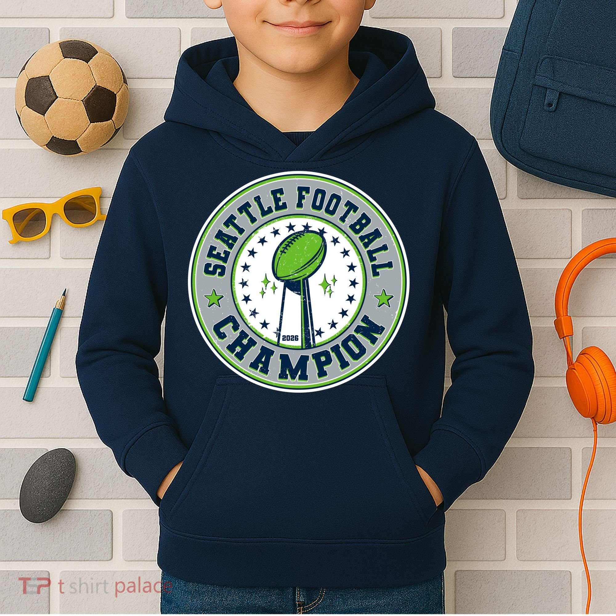 Seattle Football Champion 2026 Emblem Kids Hoodie