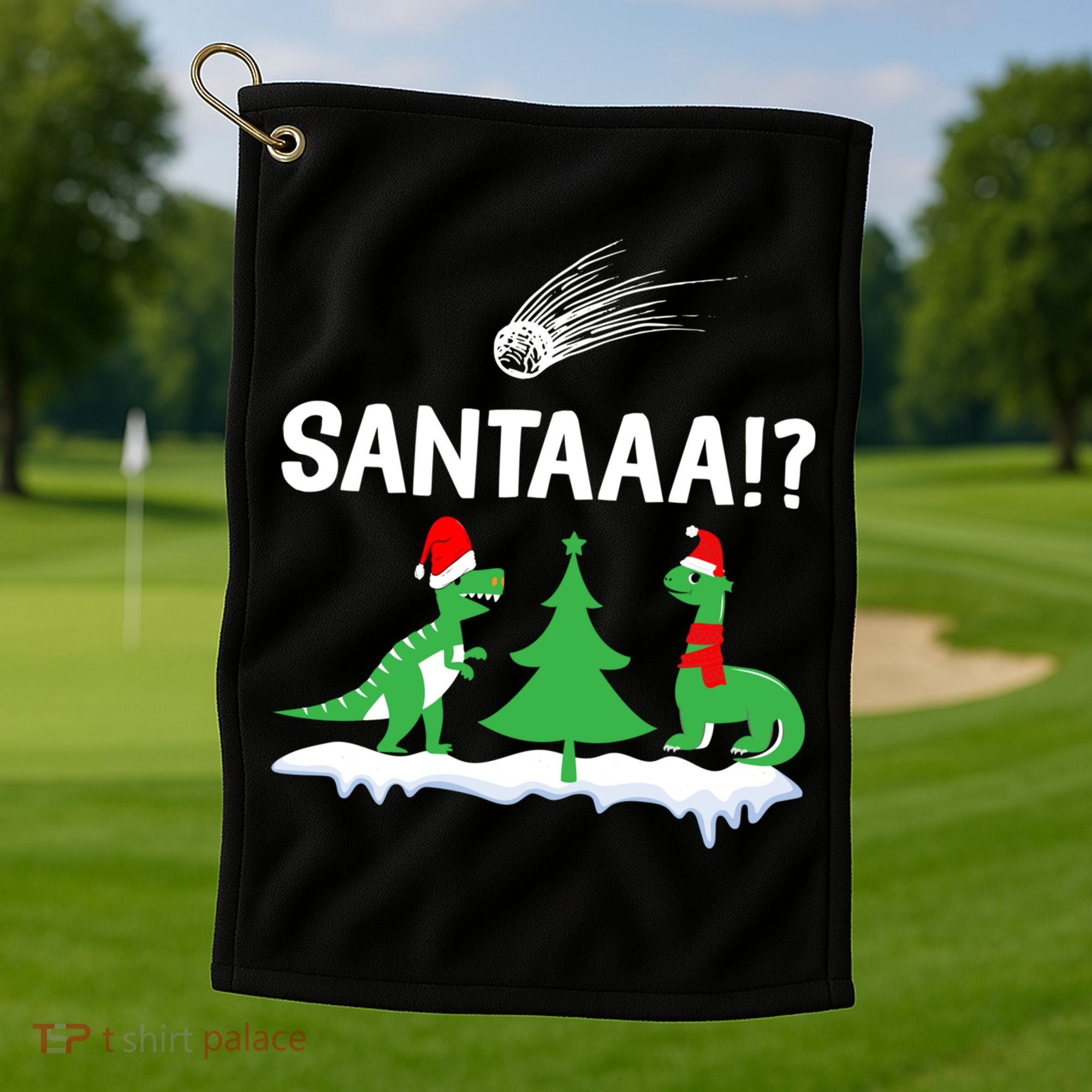 Santaa Funny Christmas Dinosaurs Meteor Xmas Humor Lover Funny Gift Golf Towel