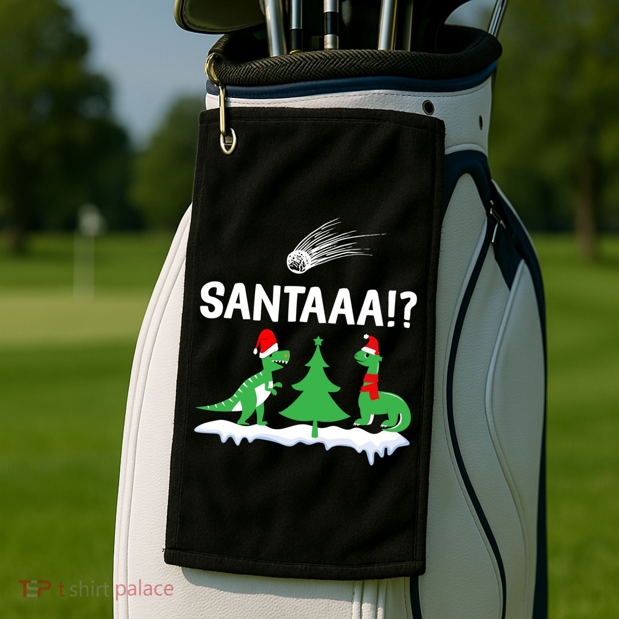 Santaa Funny Christmas Dinosaurs Meteor Xmas Humor Lover Funny Gift Golf Towel