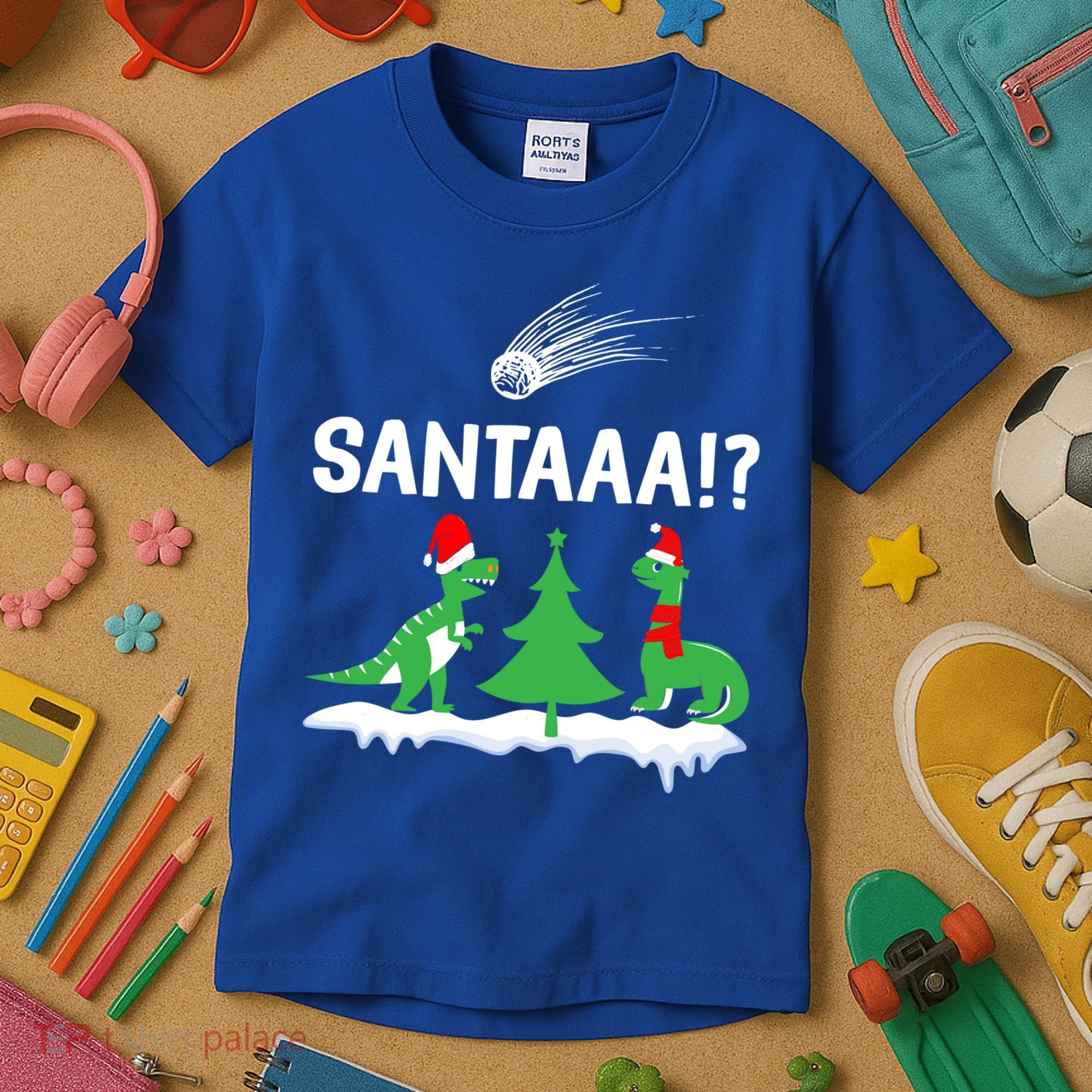 Santaa Funny Christmas Dinosaurs Meteor Xmas Humor Lover Funny Gift Kids T-Shirt