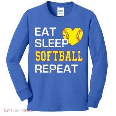 Softball Funny Eat Sleep Softball Repeat Softball Gift Kids Long Sleeve Shirt