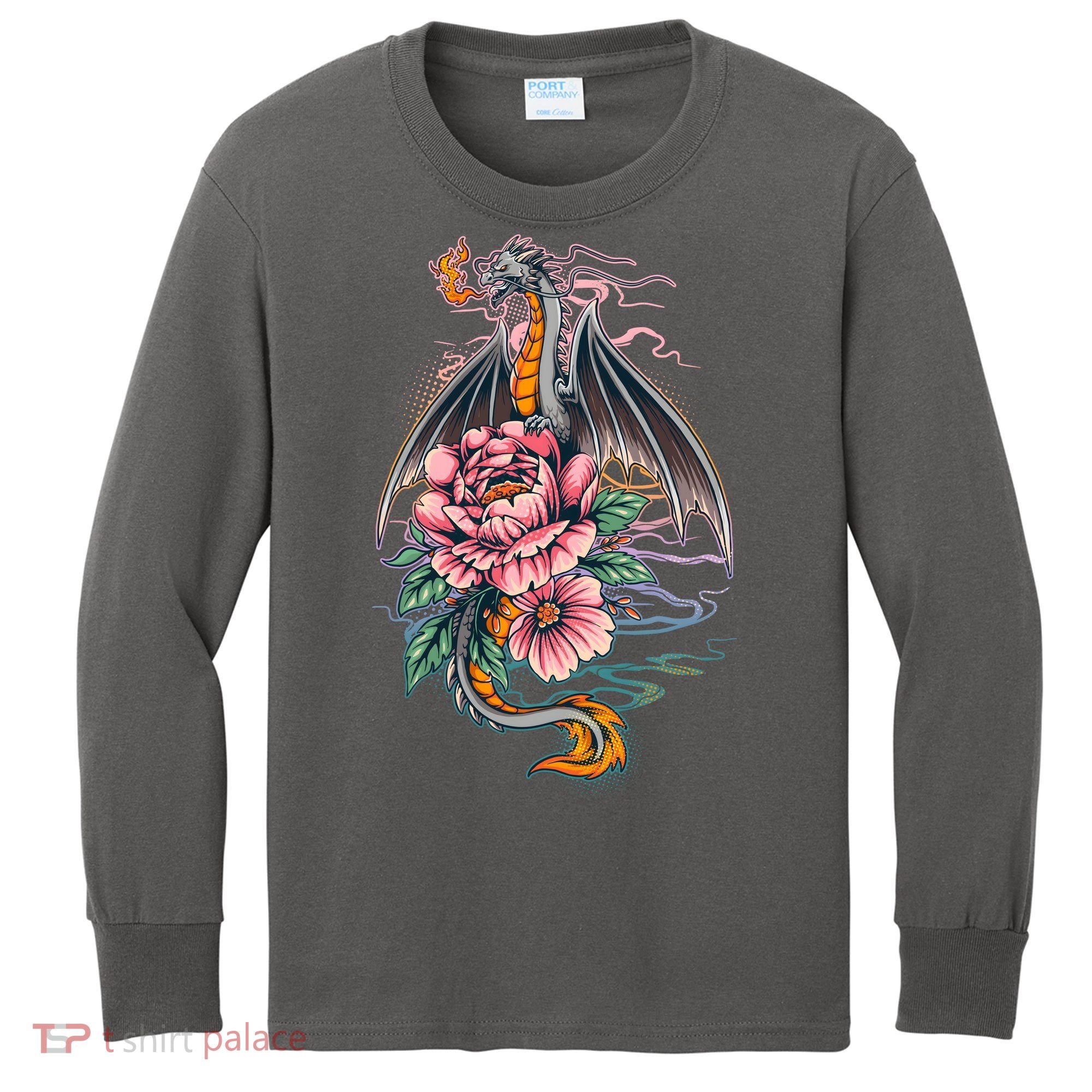 Springtime Floral Fire Dragon Kids Long Sleeve Shirt