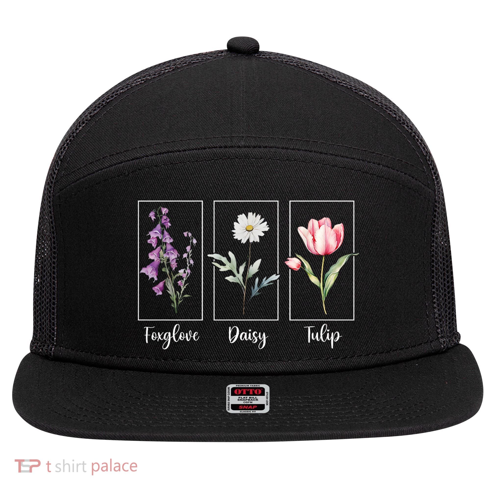 Subtle Floral Foxglove Daisy Tulip Flowers Women 7 Panel Mesh Trucker Snapback Hat