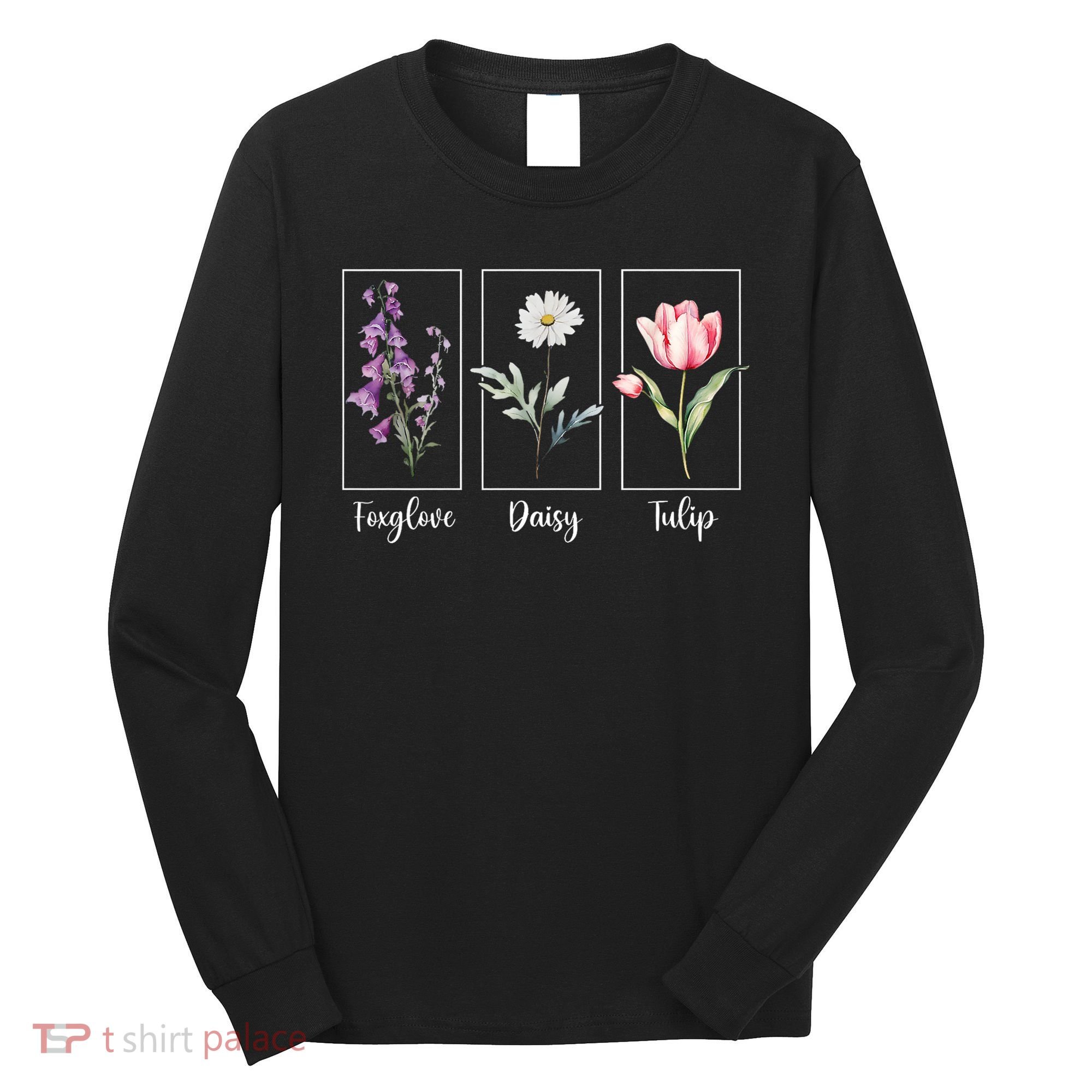 Subtle Floral Foxglove Daisy Tulip Flowers Women Long Sleeve Shirt