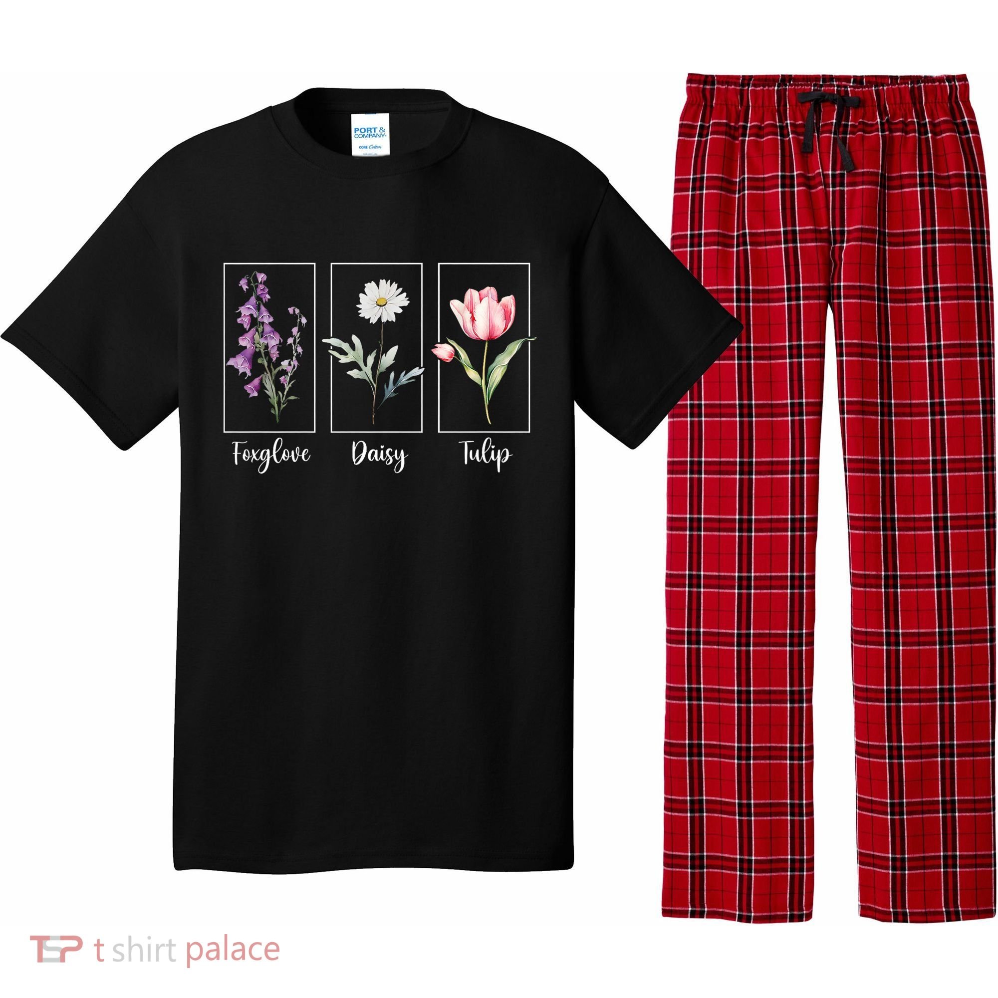 Subtle Floral Foxglove Daisy Tulip Flowers Women Pajama Set