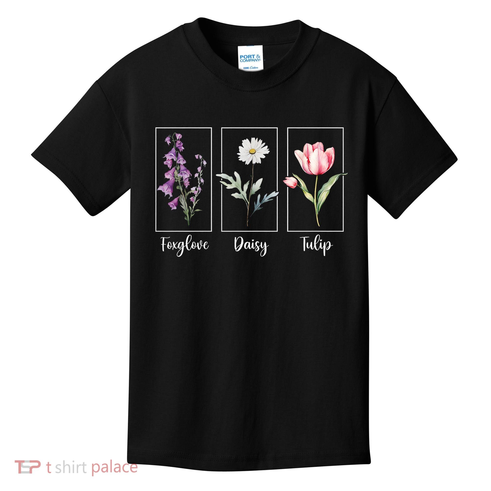 Subtle Floral Foxglove Daisy Tulip Flowers Women Kids T-Shirt