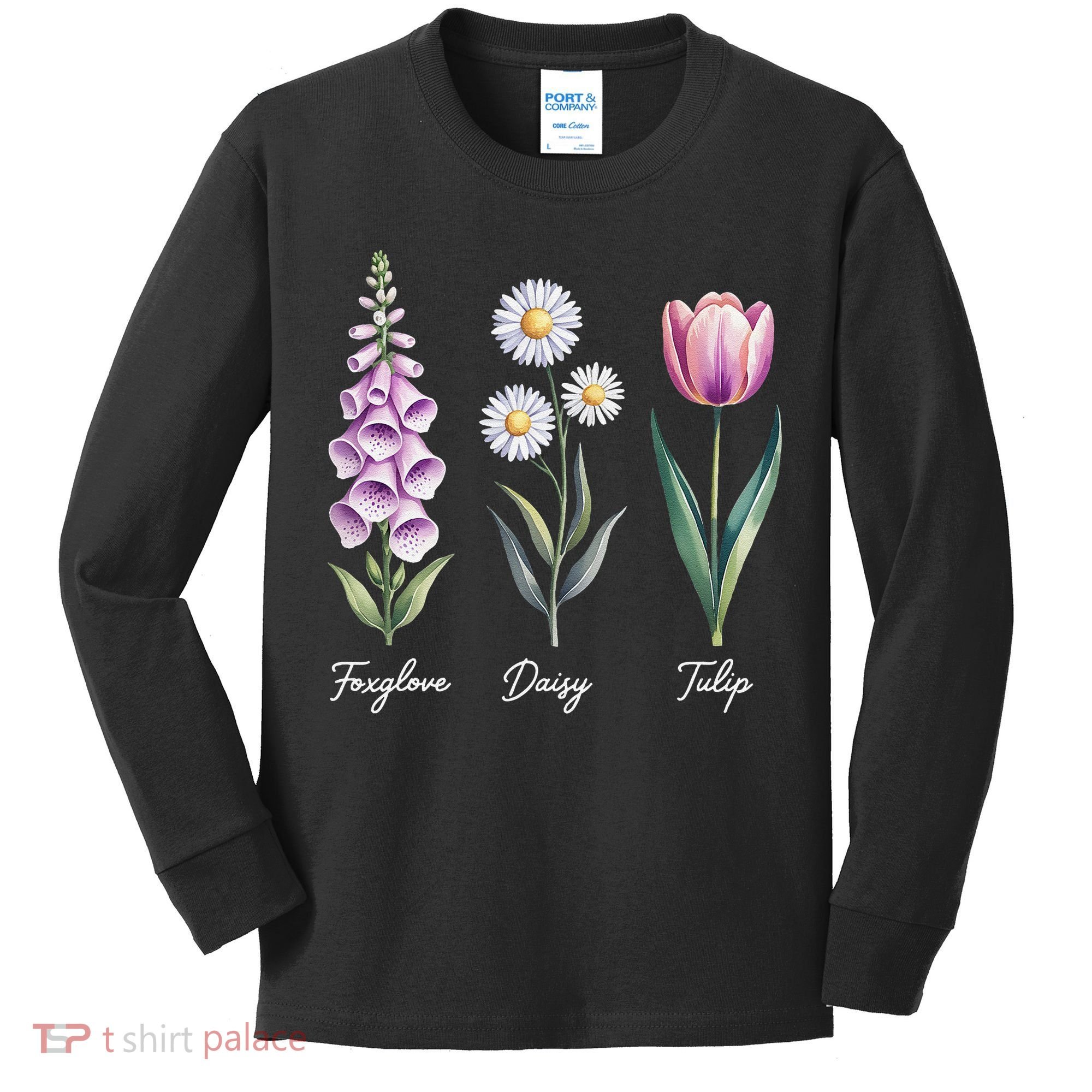 Subtle Floral Flowers Foxglove Daisy Tulip Kids Long Sleeve Shirt
