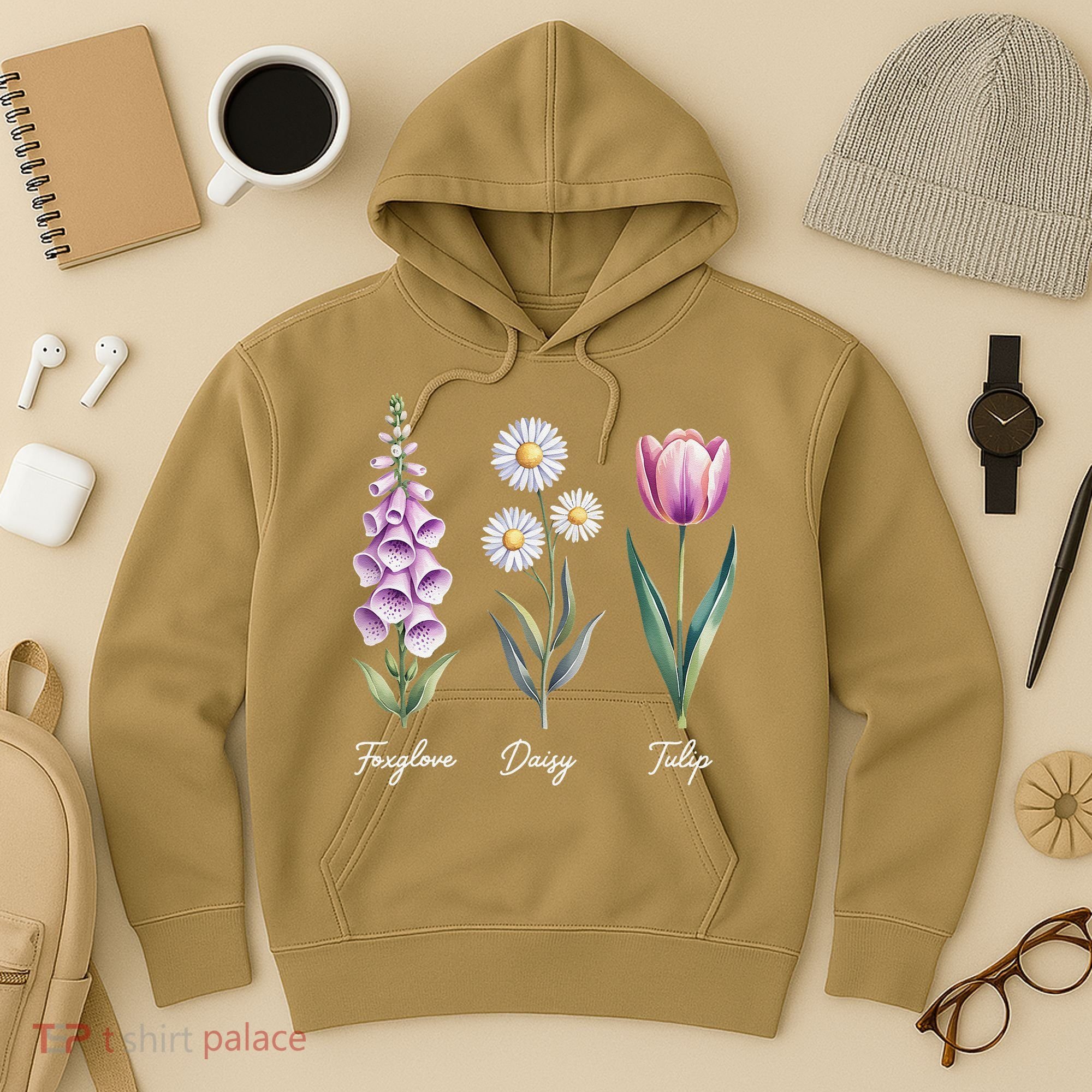 Subtle Floral Flowers Foxglove Daisy Tulip Hoodie