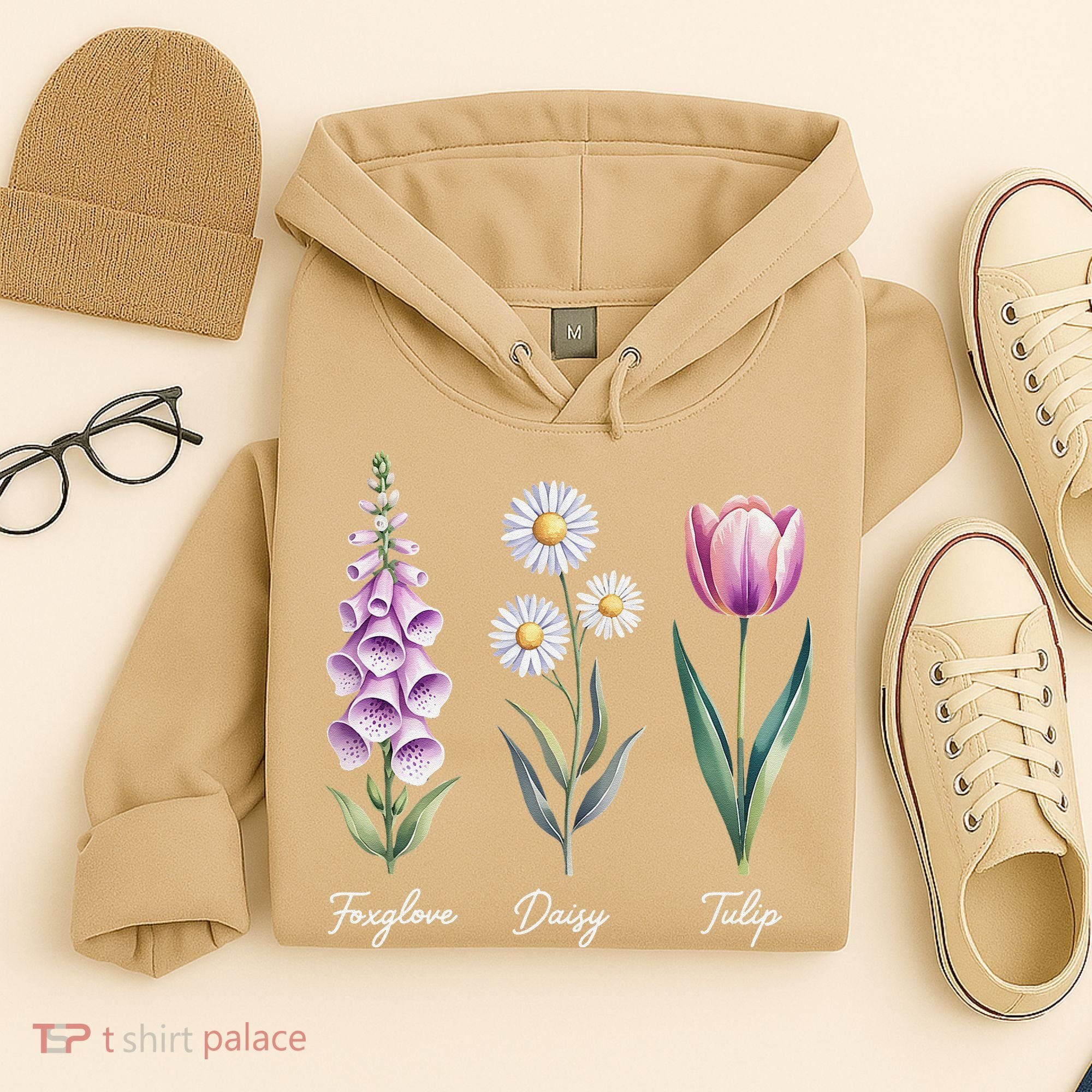 Subtle Floral Flowers Foxglove Daisy Tulip Hoodie