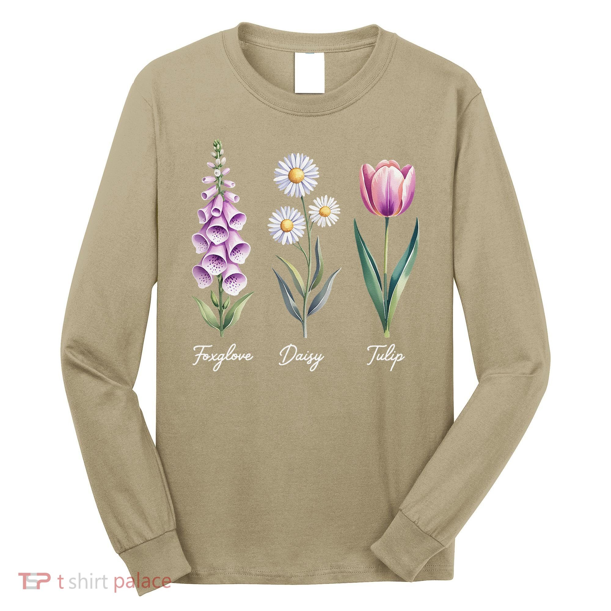 Subtle Floral Flowers Foxglove Daisy Tulip Long Sleeve Shirt