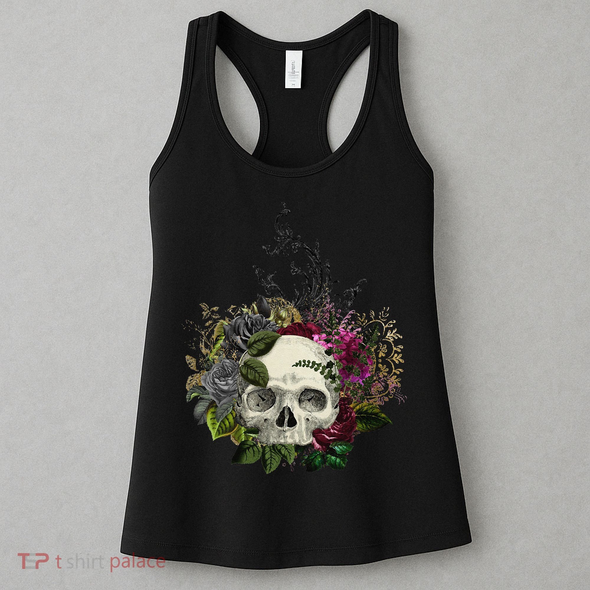 Skull Flowers Flower Sugar Skull Tree Roses Women Halloween Women's Tank Top