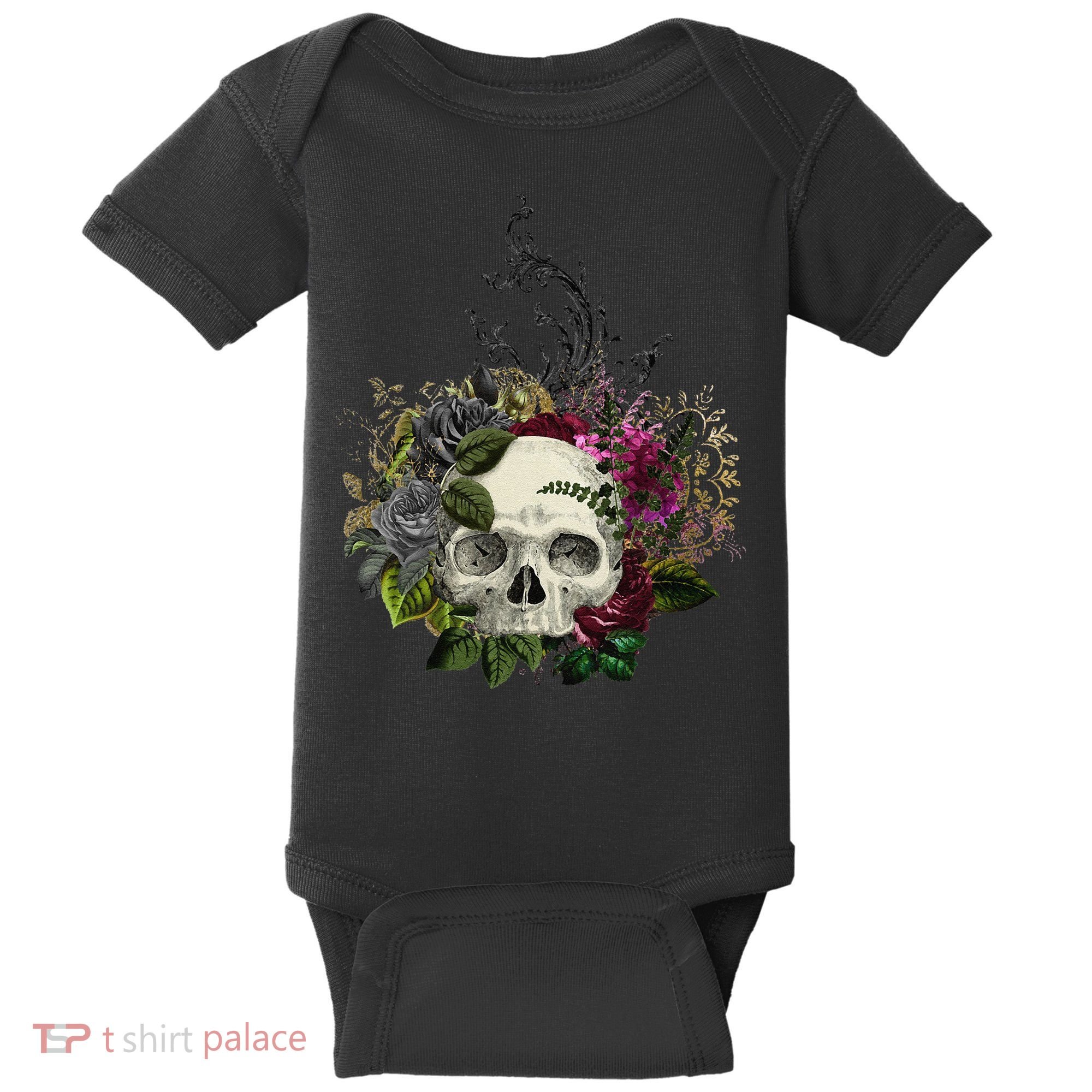 Skull Flowers Flower Sugar Skull Tree Roses Women Halloween Baby Bodysuit