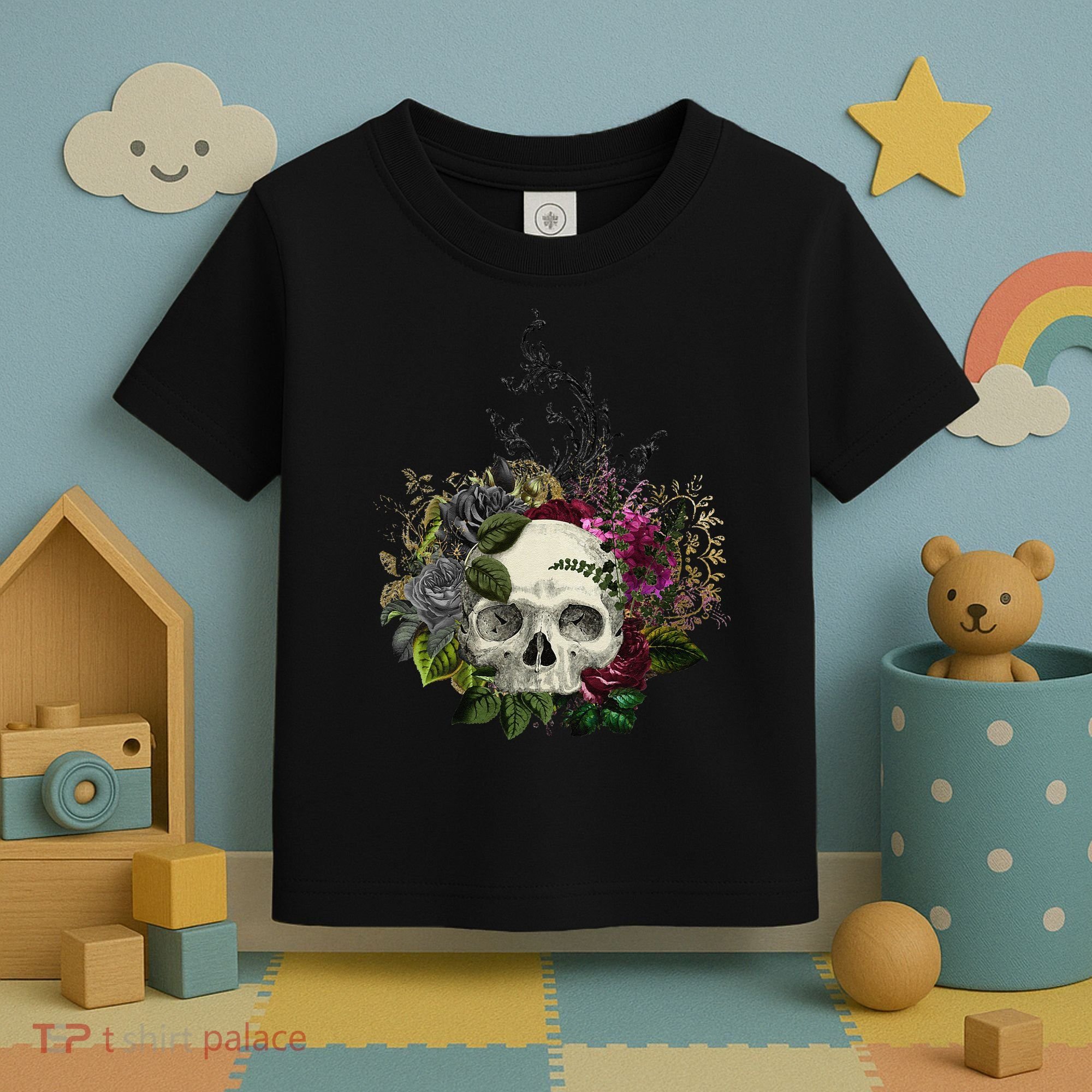 Skull Flowers Flower Sugar Skull Tree Roses Women Halloween Toddler T-Shirt