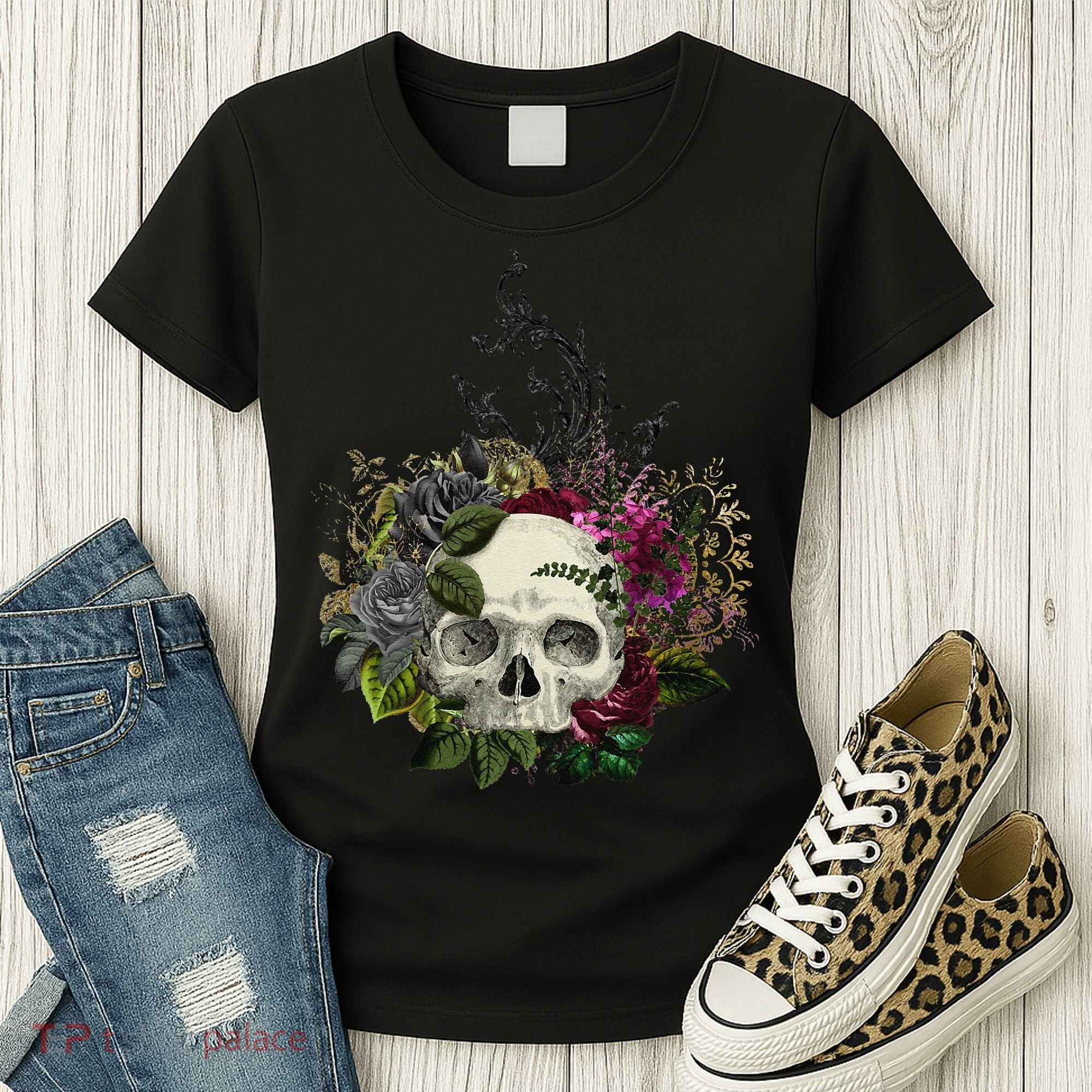 Skull Flowers Flower Sugar Skull Tree Roses Women Halloween Women's T-Shirt