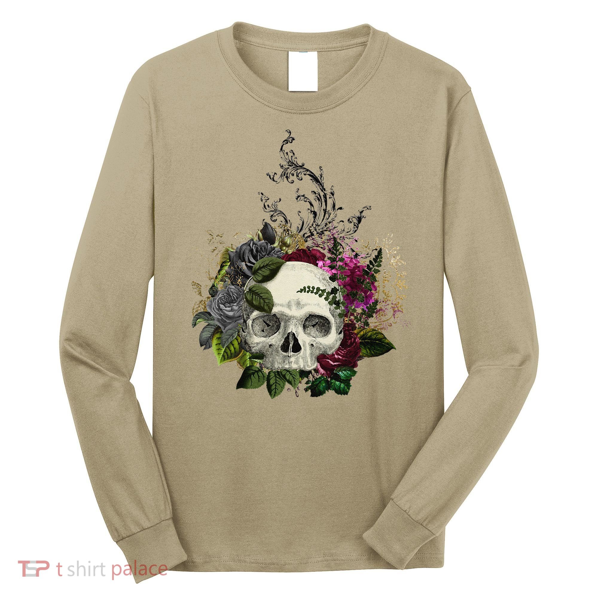 Skull Flowers Flower Sugar Skull Tree Roses Women Halloween Long Sleeve Shirt