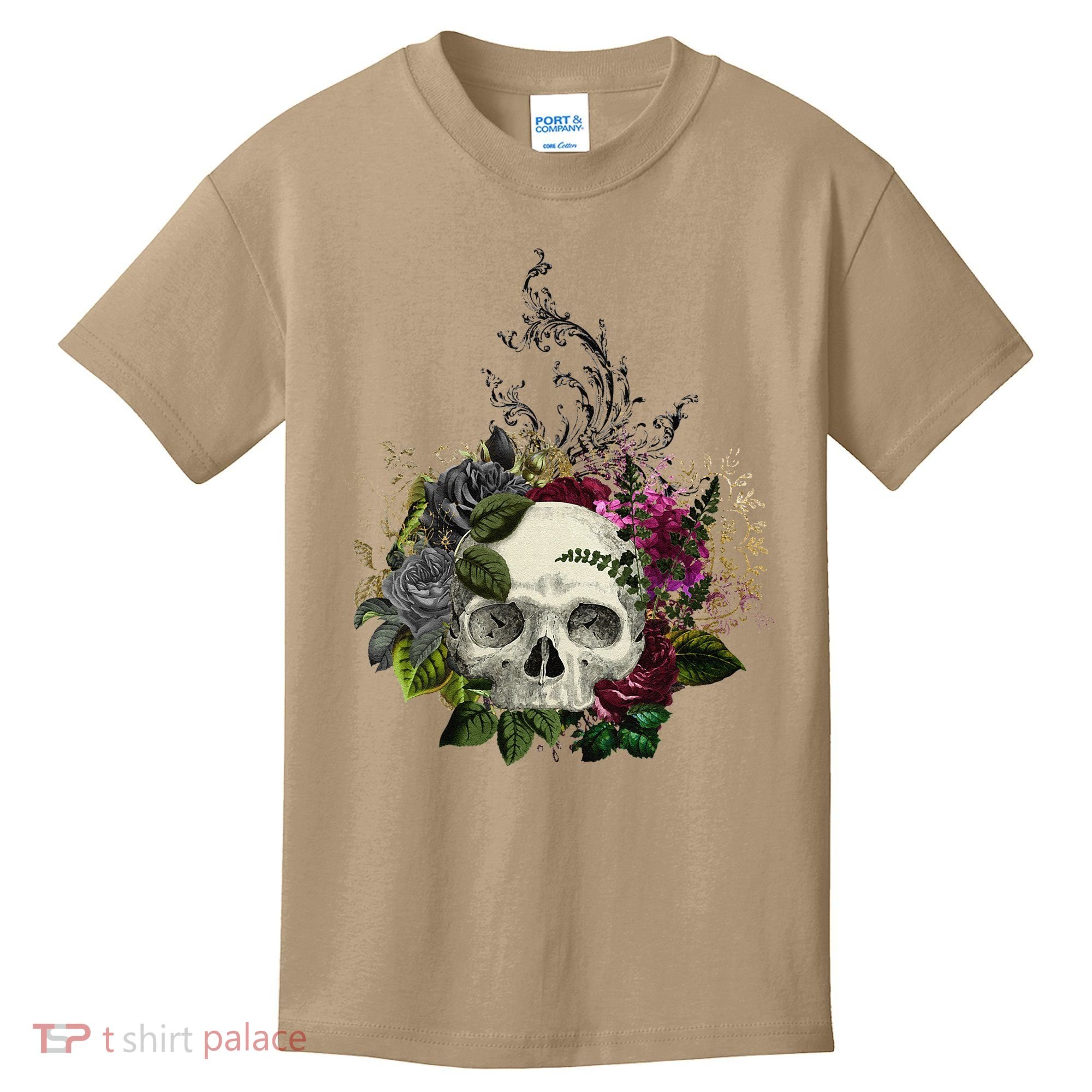 Skull Flowers Flower Sugar Skull Tree Roses Women Halloween Kids T-Shirt