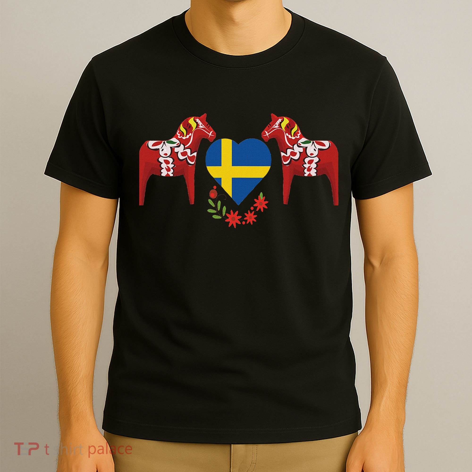 Sweden Flag Heart Swedish Dala Horses T-Shirt
