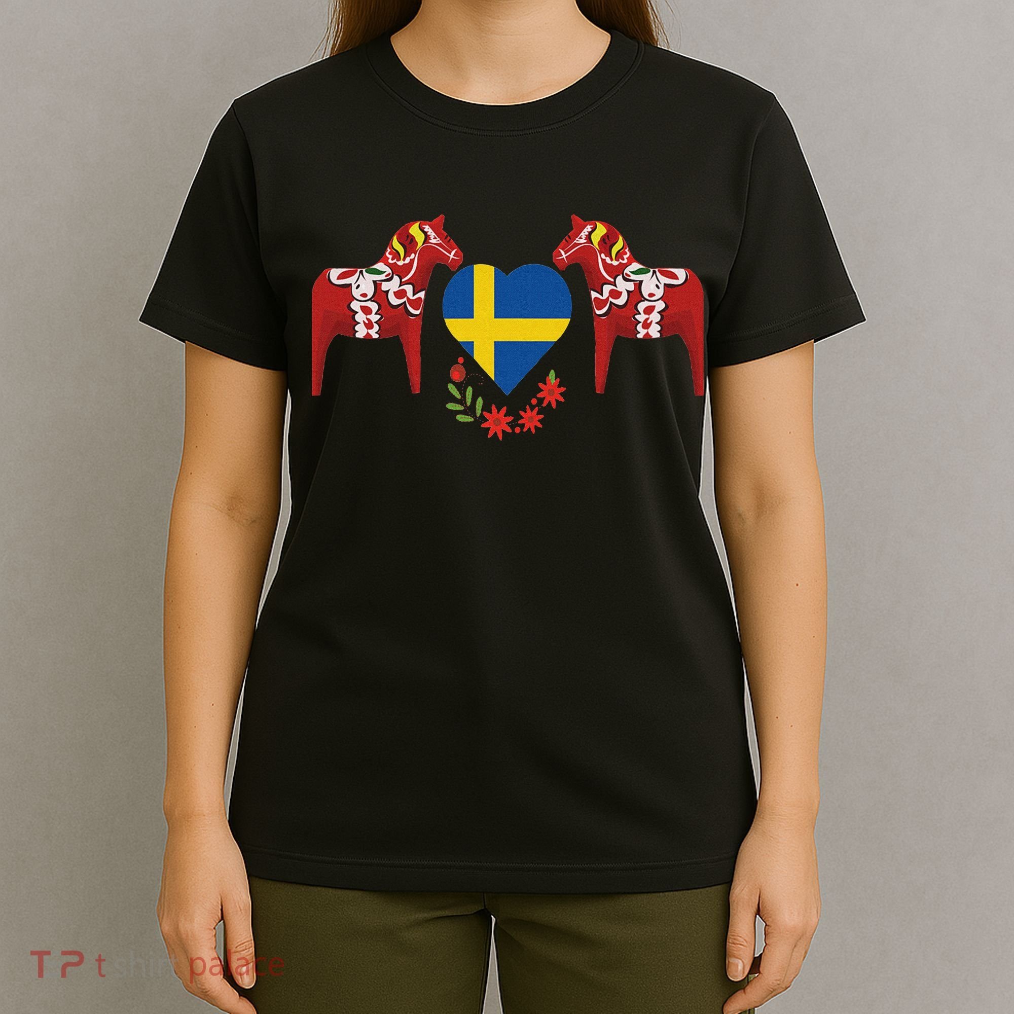 Sweden Flag Heart Swedish Dala Horses T-Shirt