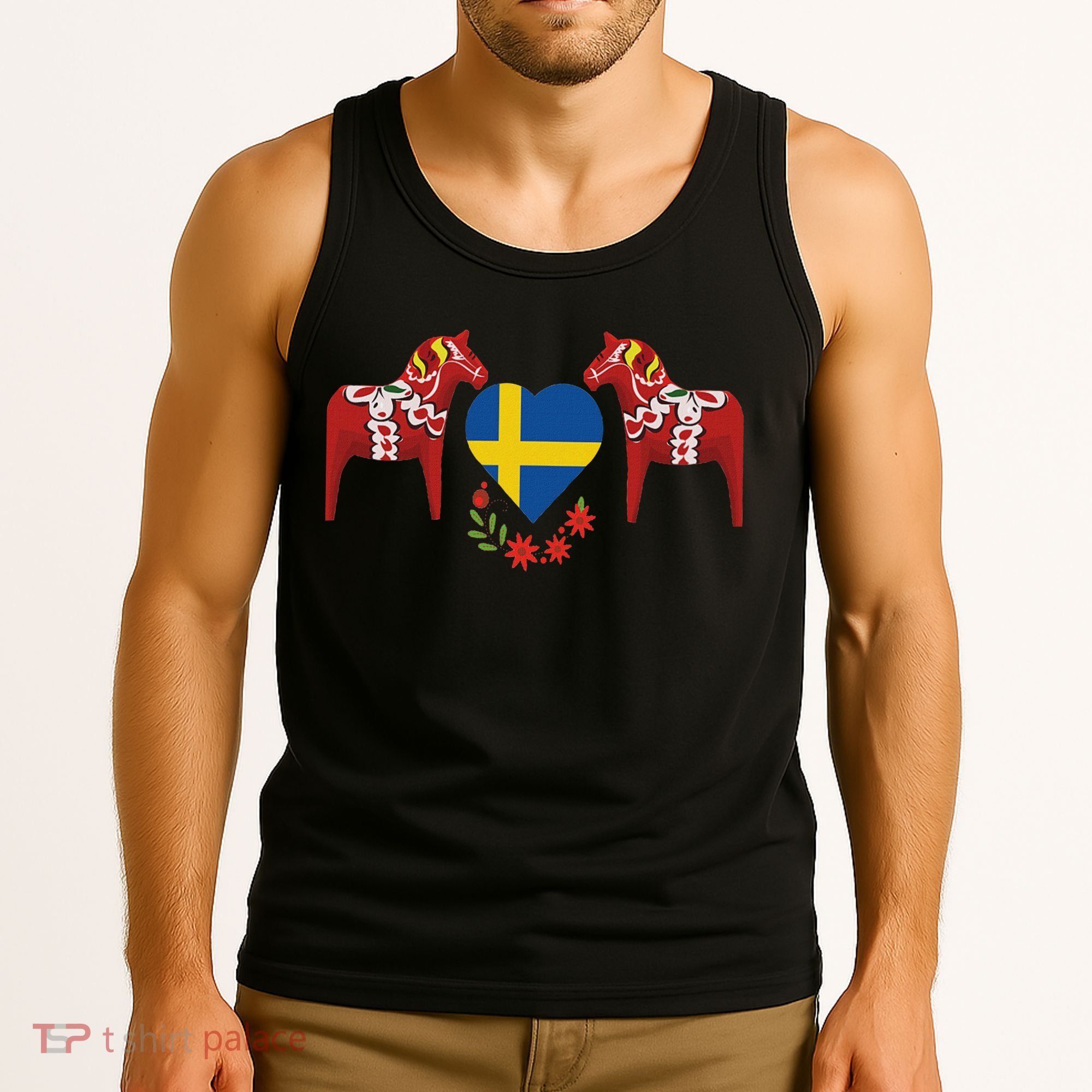 Sweden Flag Heart Swedish Dala Horses Tank Top