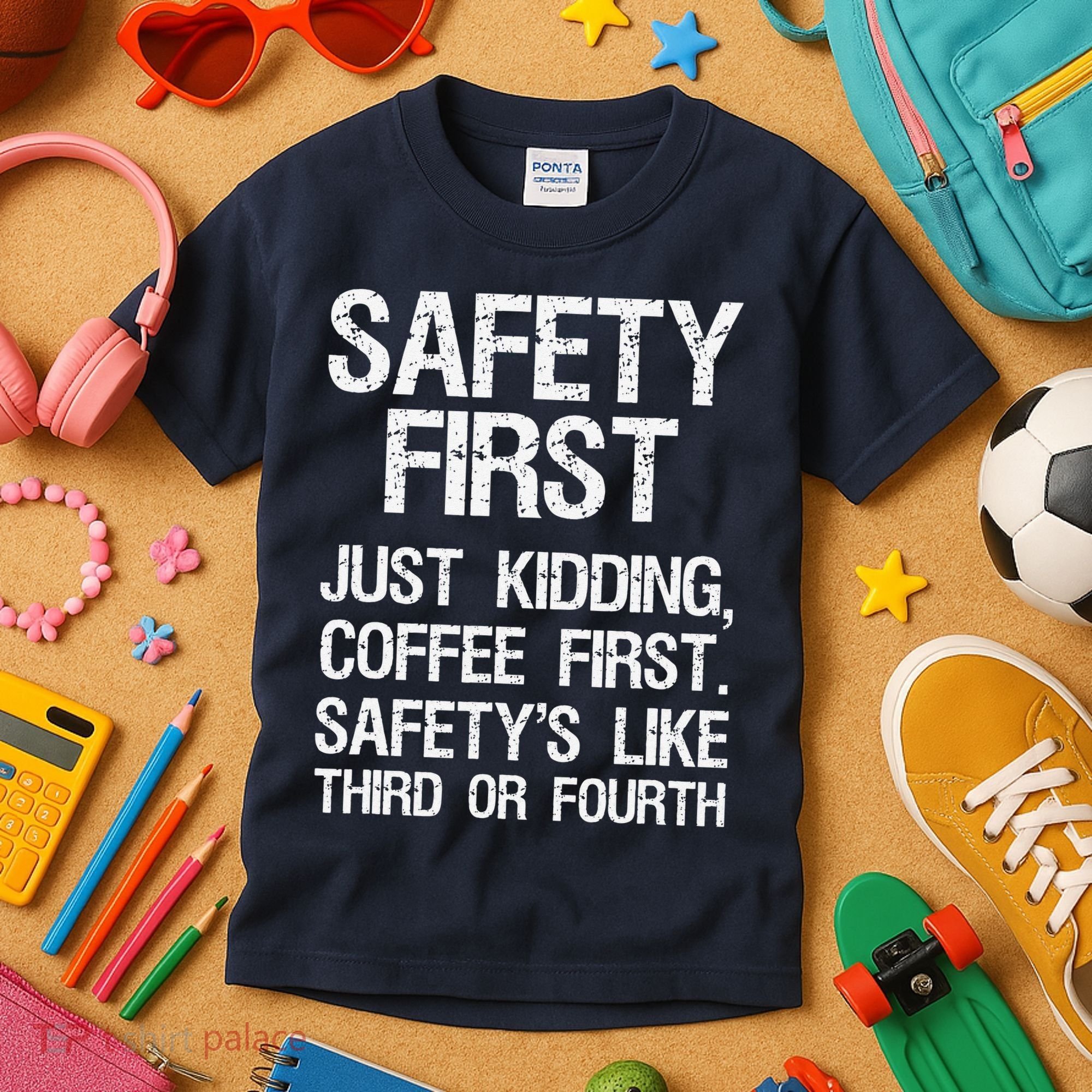 Safety First Just Kidding Coffee First Funny Sayings Kids T-Shirt