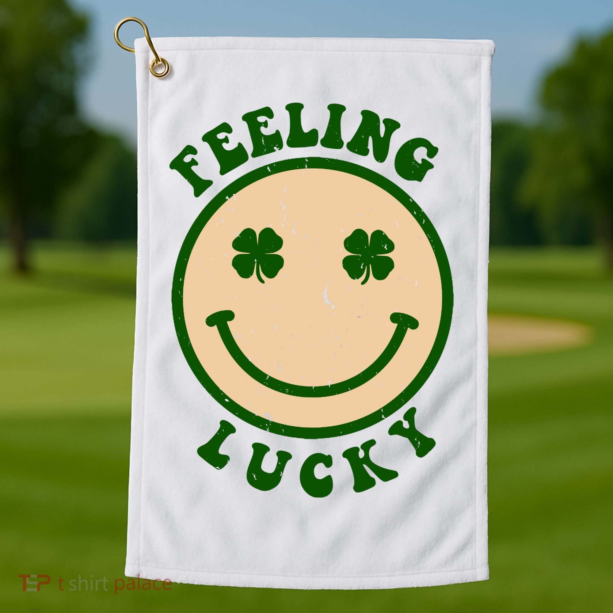 Shamrock Feeling Lucky Retro Smiley Golf Towel