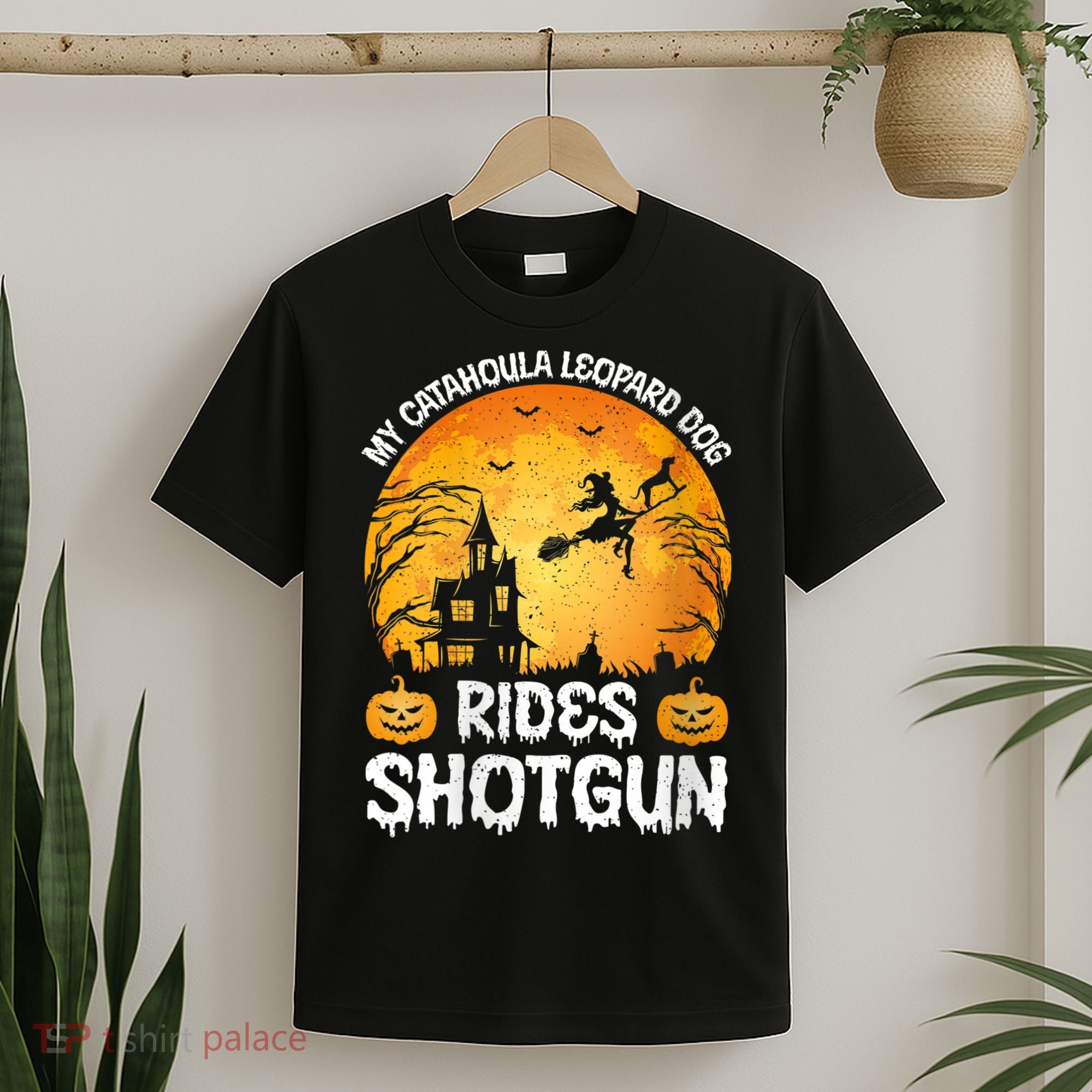 S Funny My Catahoula Leopard Dog Rides Shotgun Halloween Vneck T-Shirt