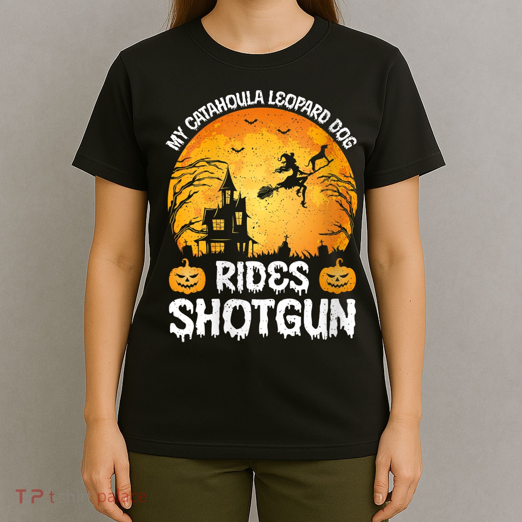 S Funny My Catahoula Leopard Dog Rides Shotgun Halloween Vneck T-Shirt
