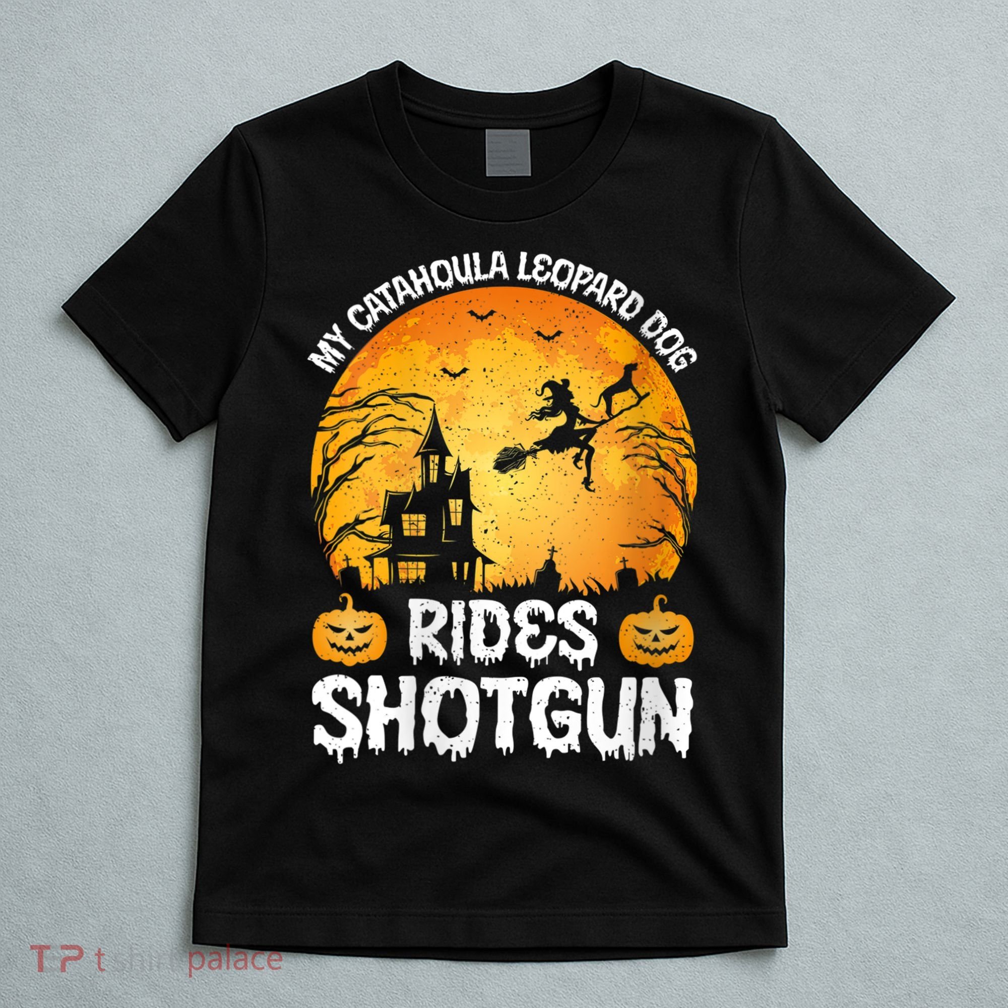 S Funny My Catahoula Leopard Dog Rides Shotgun Halloween Vneck T-Shirt