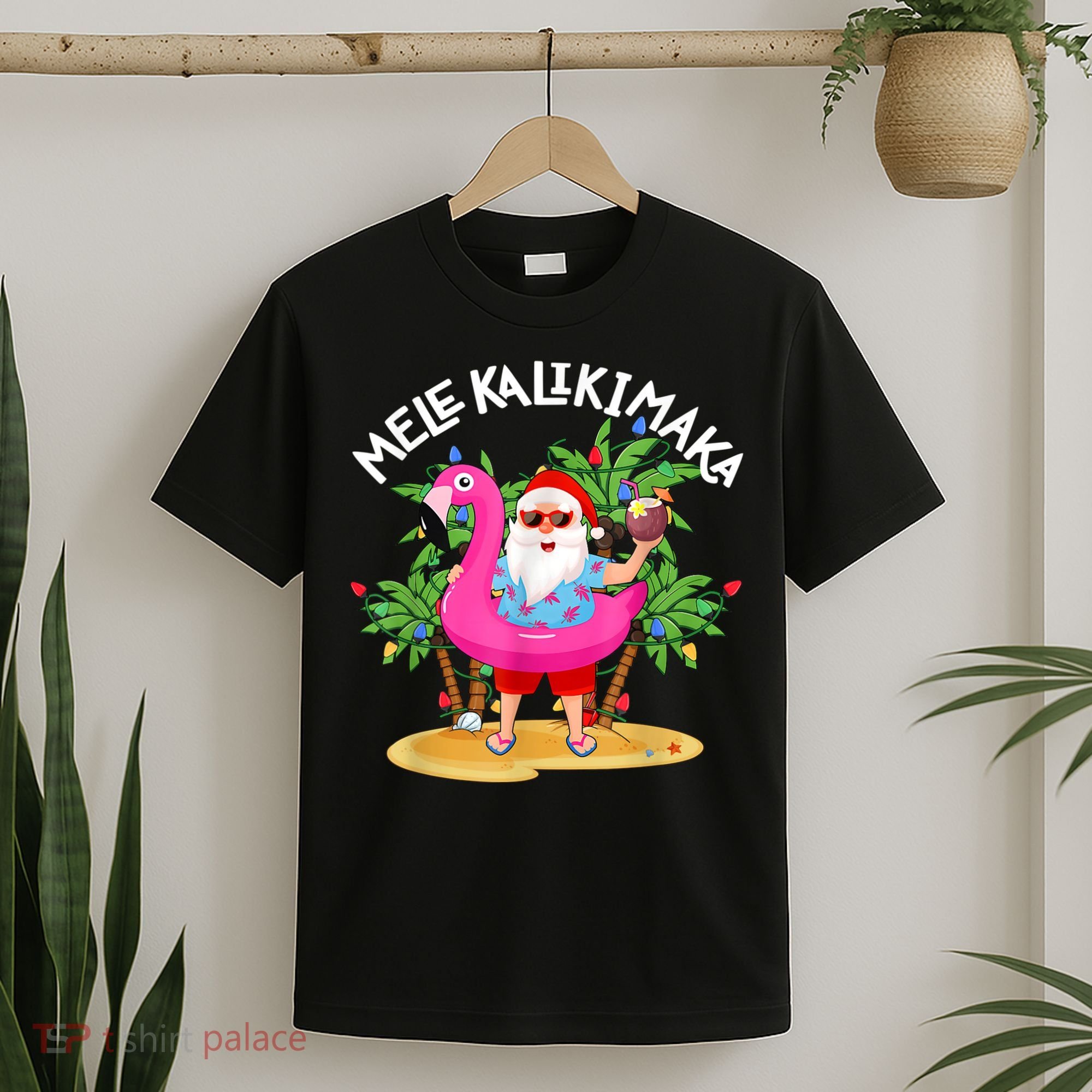 Santa Flamingo Mele Kalikimaka Tropical Christmas Hawaiian T-Shirt