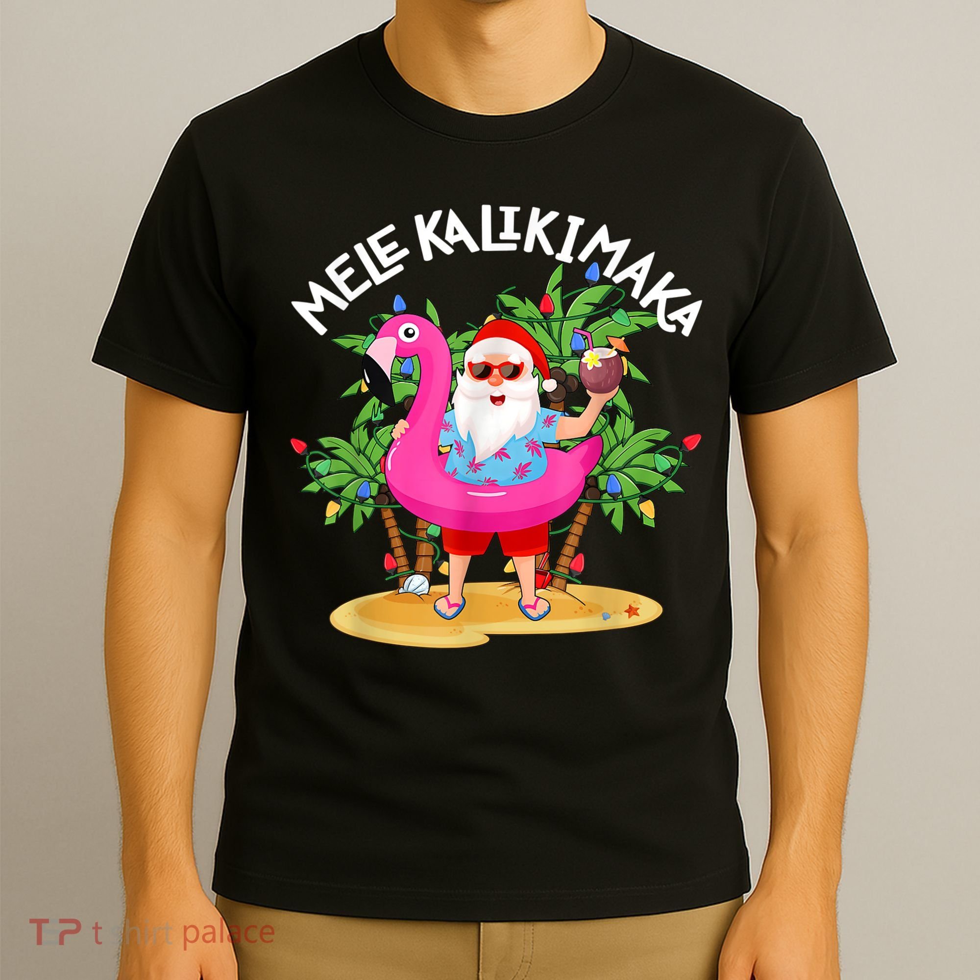 Santa Flamingo Mele Kalikimaka Tropical Christmas Hawaiian T-Shirt
