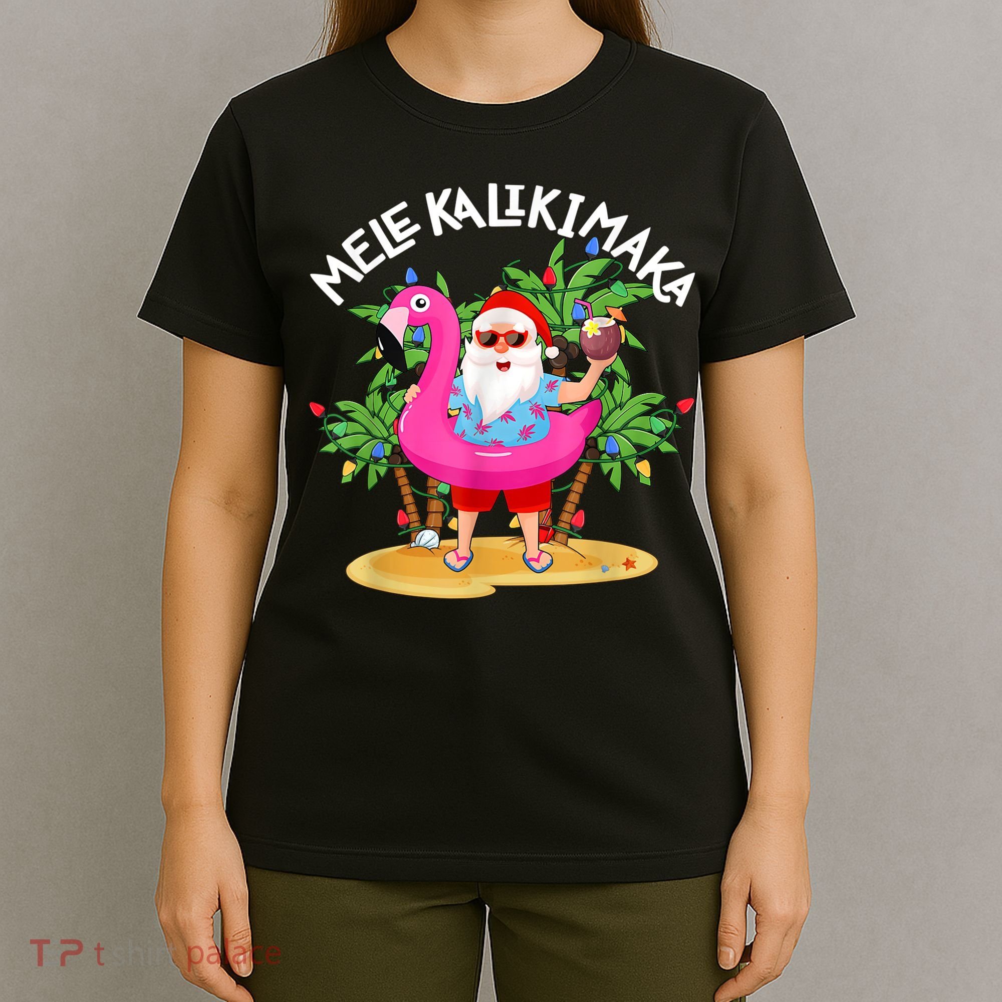 Santa Flamingo Mele Kalikimaka Tropical Christmas Hawaiian T-Shirt