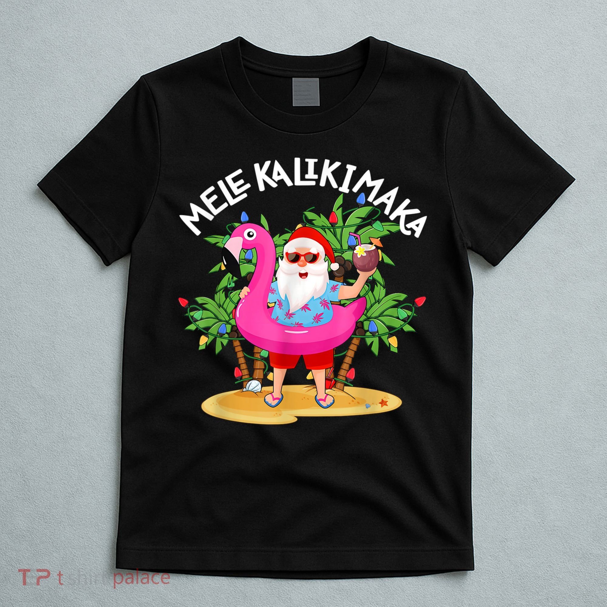 Santa Flamingo Mele Kalikimaka Tropical Christmas Hawaiian T-Shirt