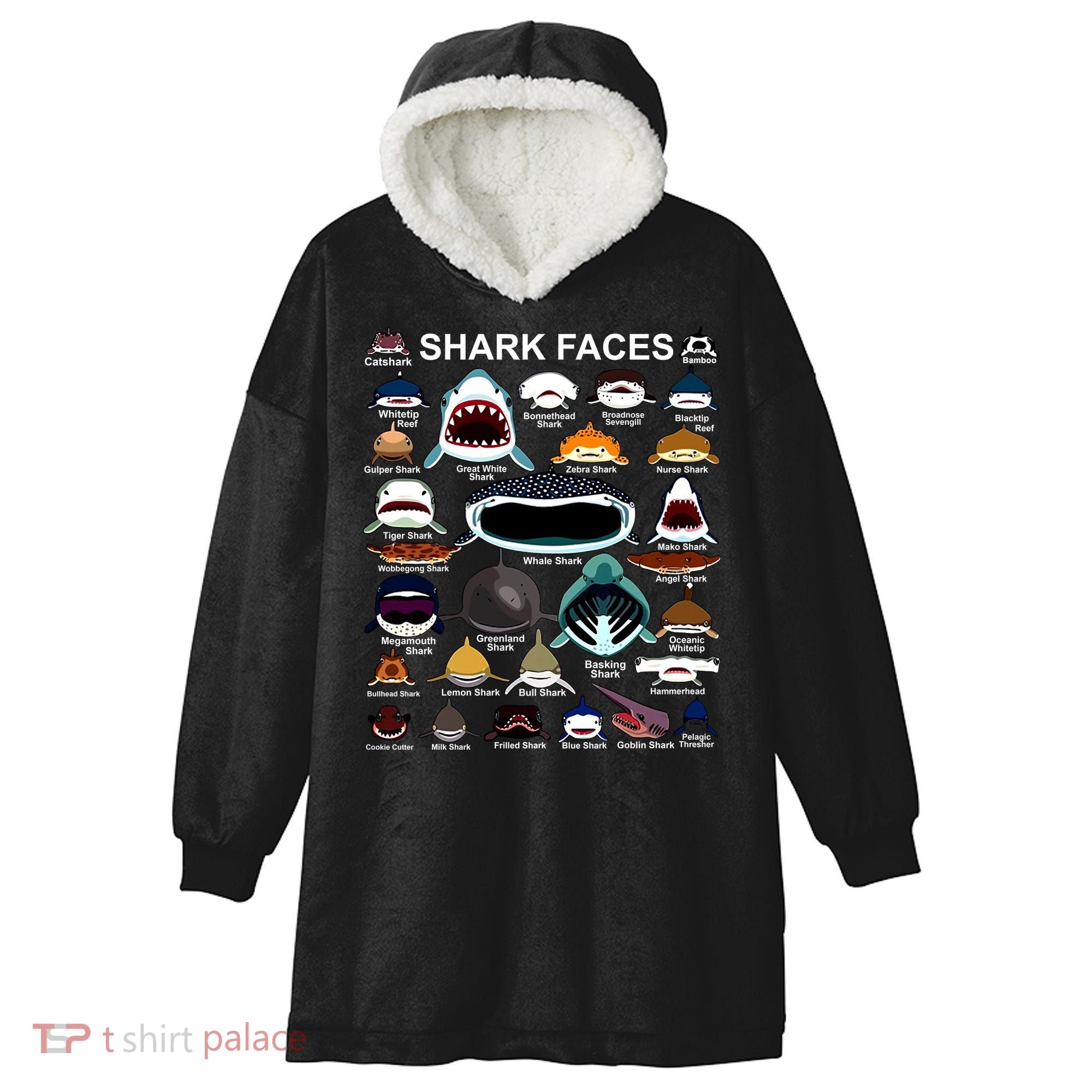 Shark Faces Of All Kinds Hooded Wearable Blanket