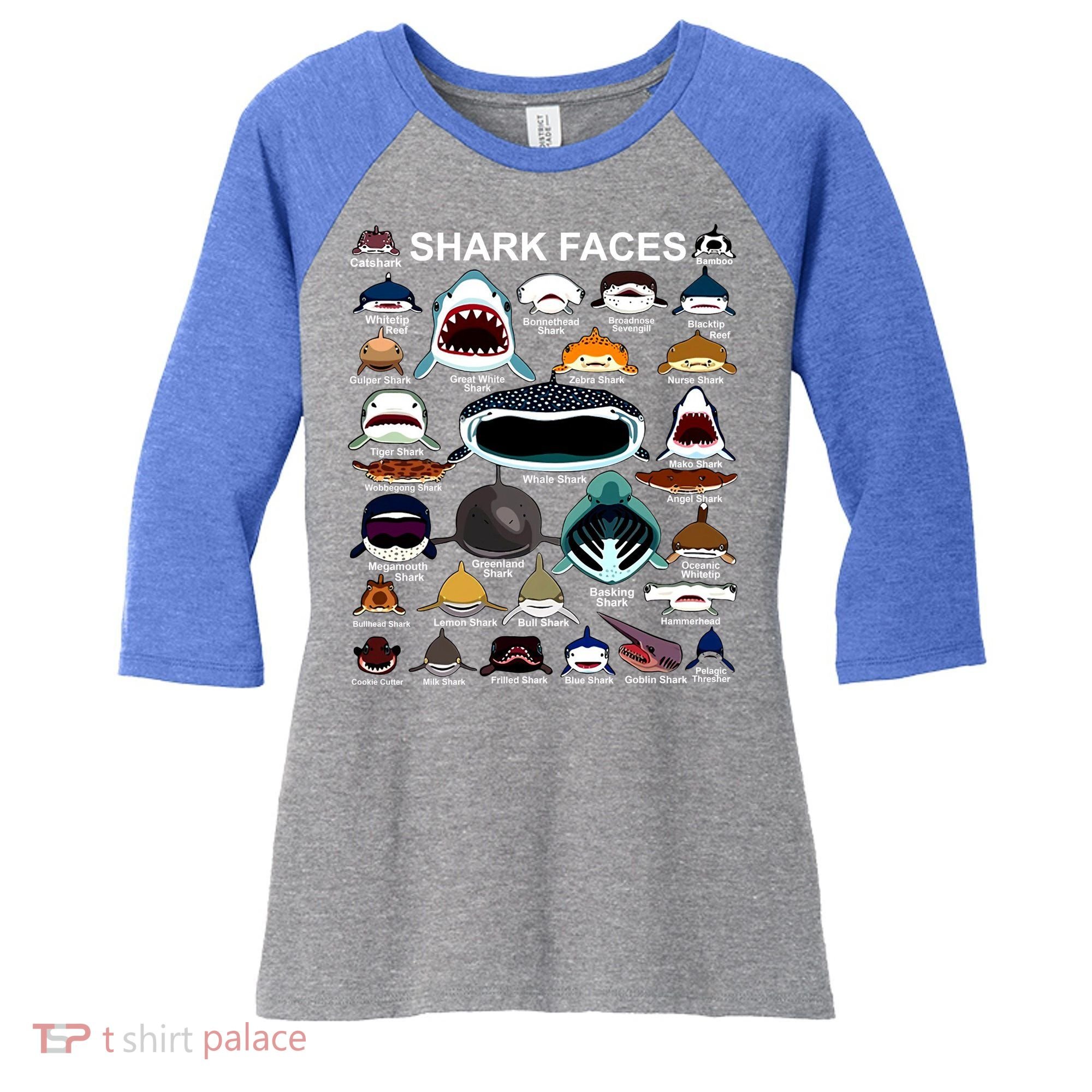 Shark Faces Of All Kinds Women's Tri-Blend 3/4-Sleeve Raglan Shirt