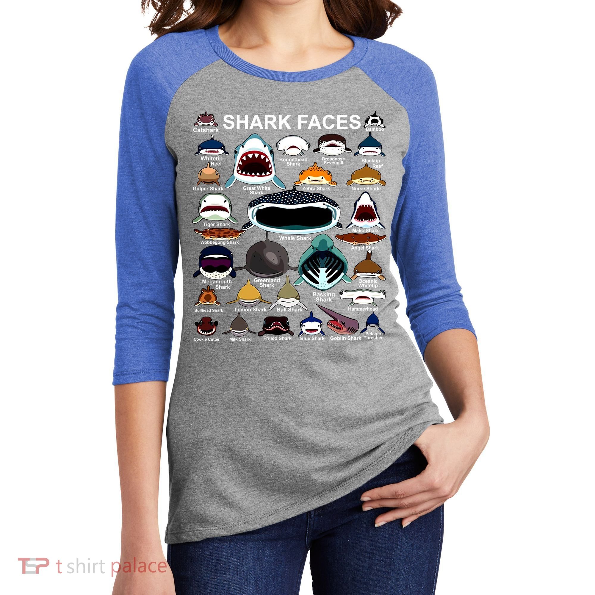 Shark Faces Of All Kinds Women's Tri-Blend 3/4-Sleeve Raglan Shirt