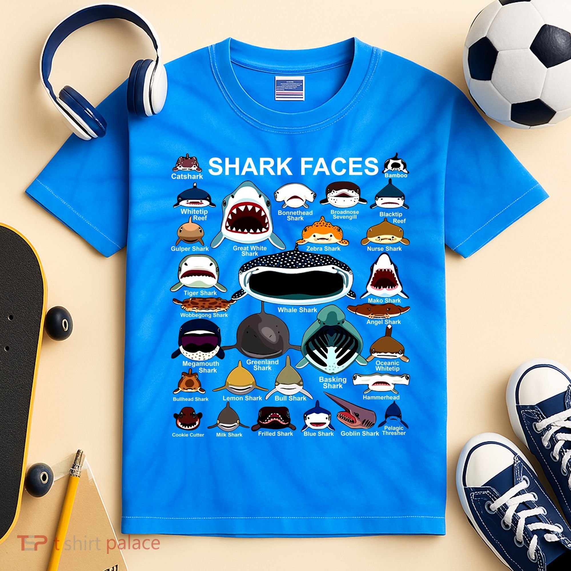 Shark Faces Of All Kinds Kids Tie-Dye T-Shirt