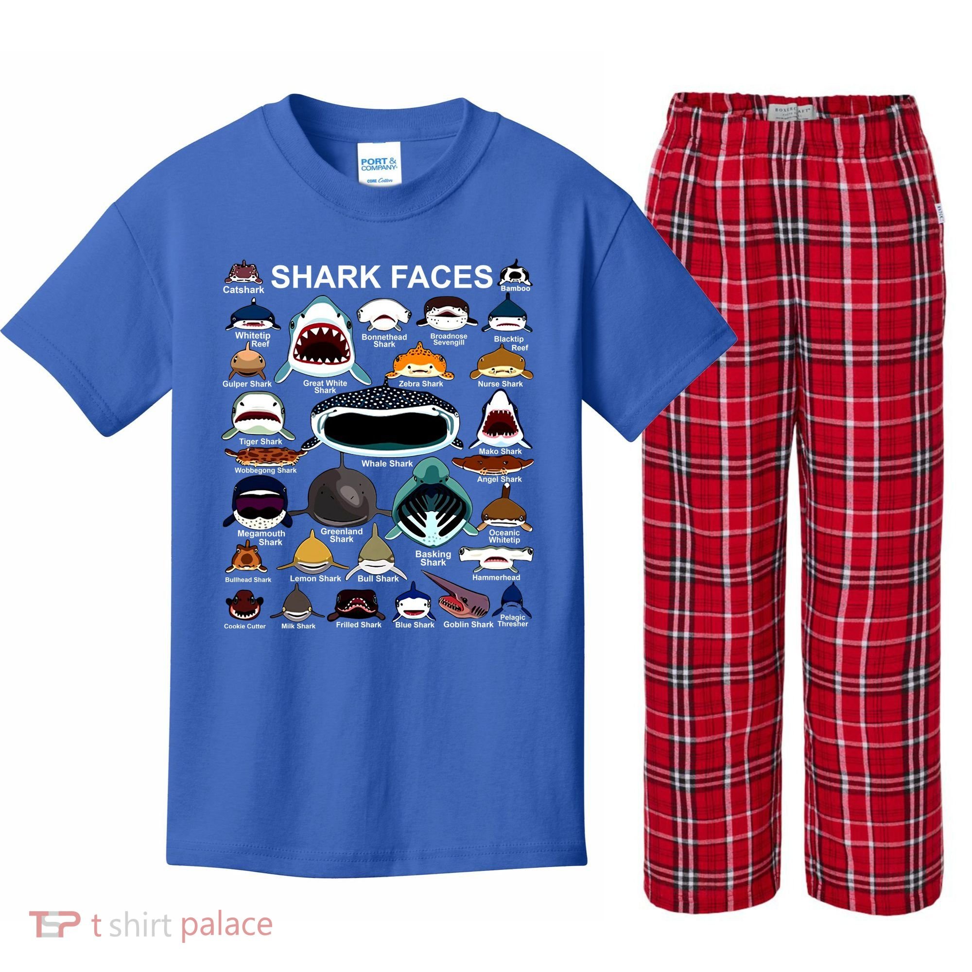 Shark Faces Of All Kinds Kids Plaid Pajama Set