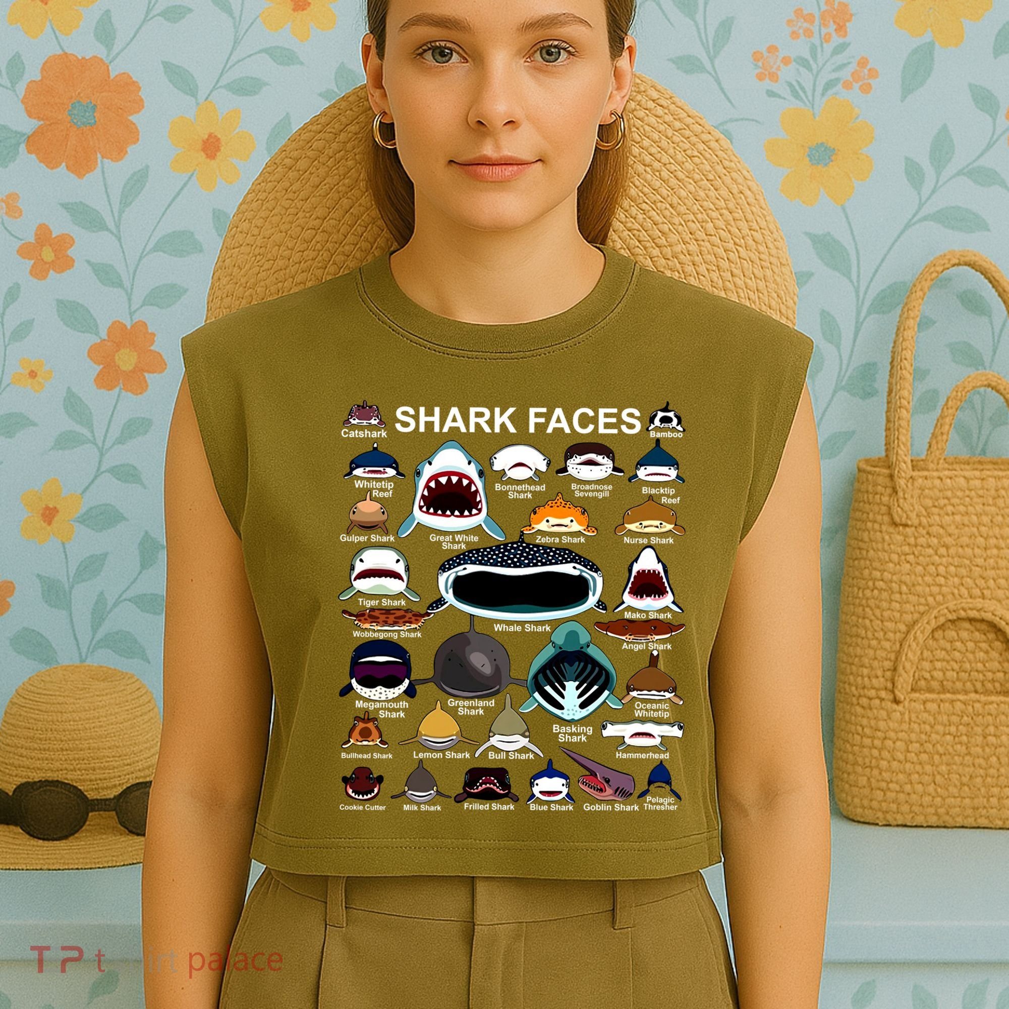 Shark Faces Of All Kinds Garment-Dyed Women's Muscle Tee