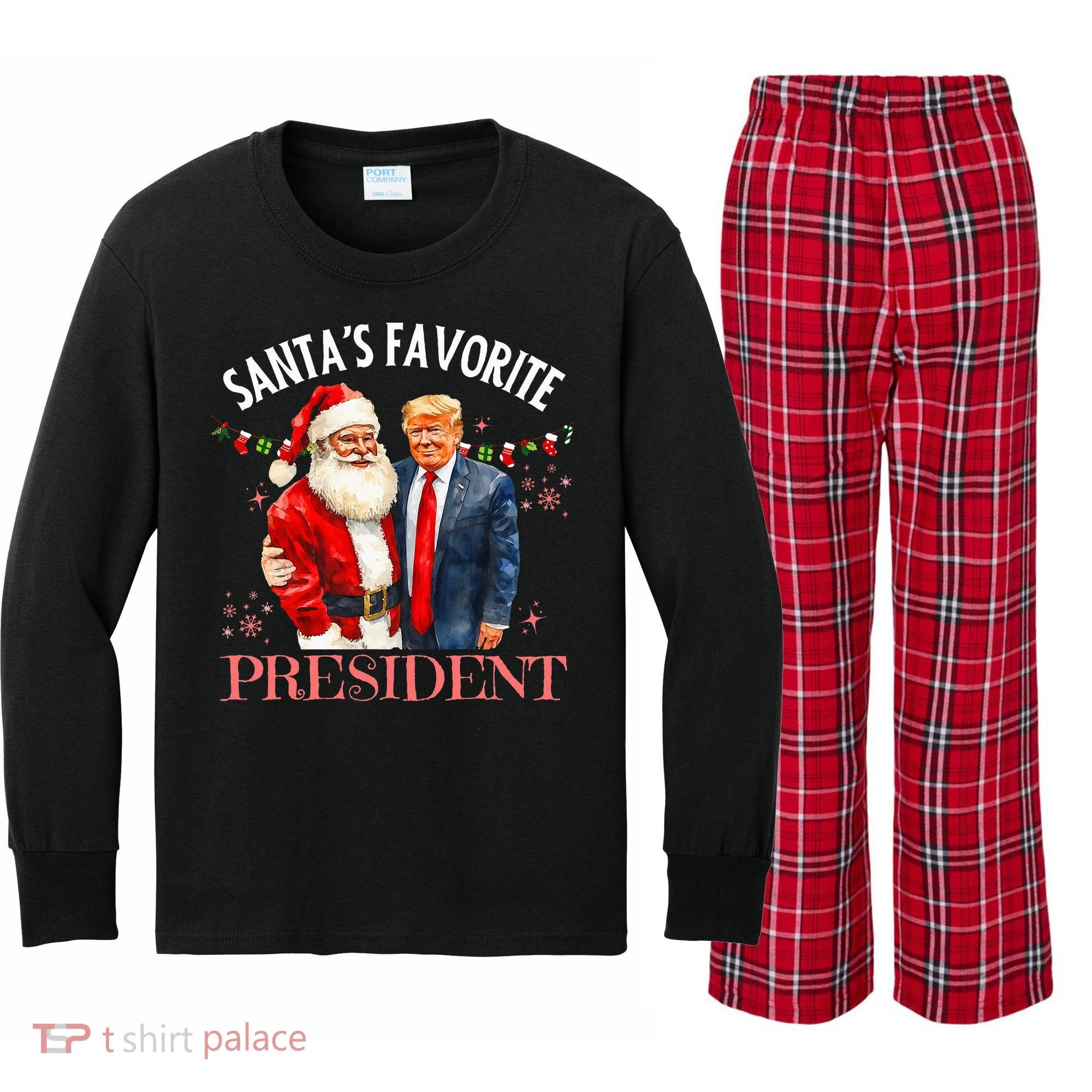SantaS Favorite President Christmas Trump 47th President Kids Long Sleeve Plaid Pajama Set