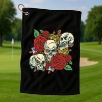 Skull Floral Rose Golf Towel thumb 1