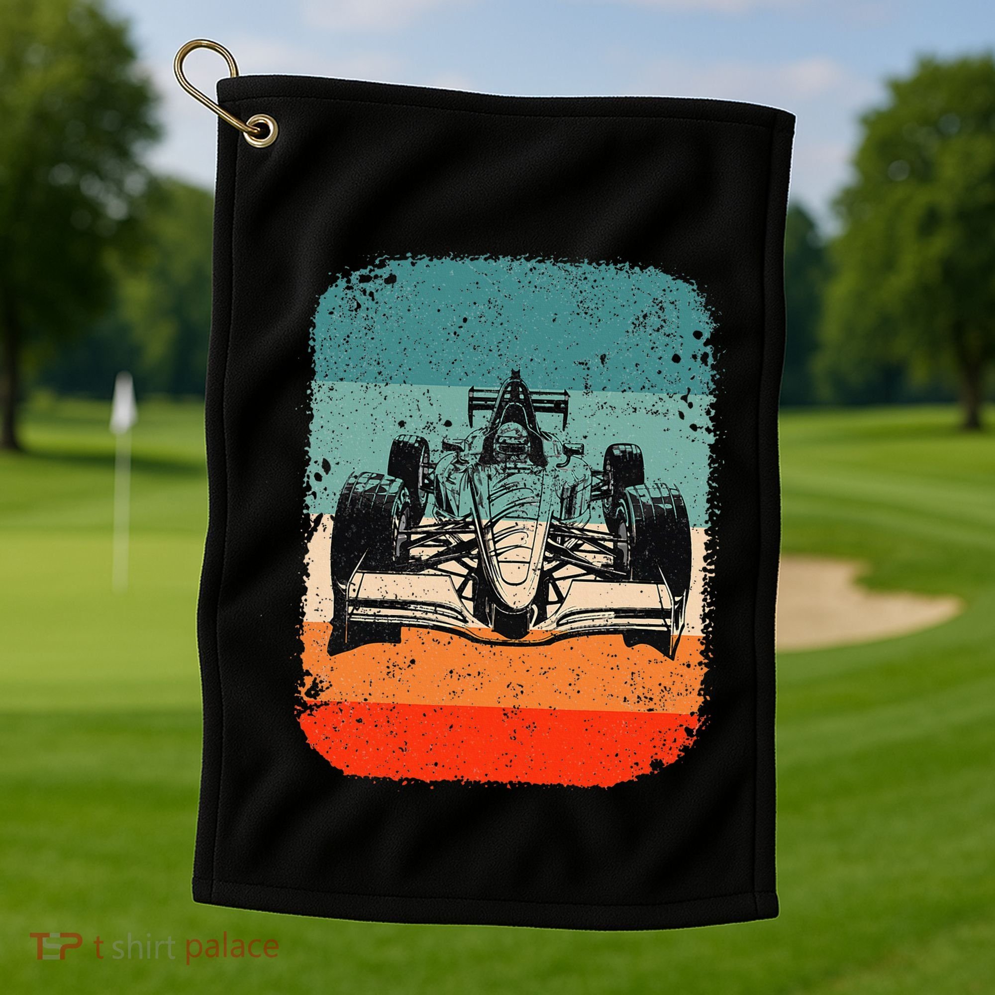 Sunset Formula Racing Race Car Silhouette Golf Towel