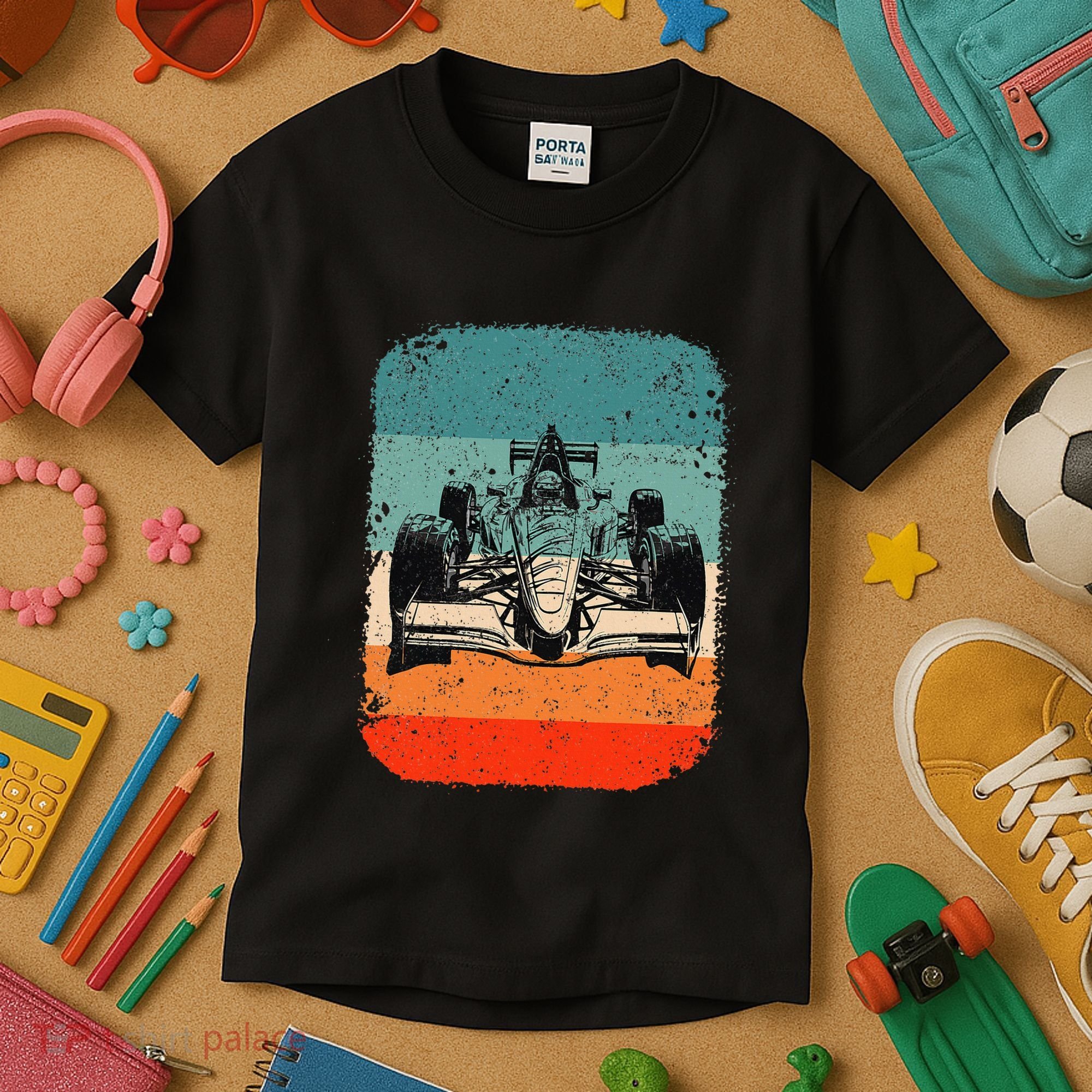 Sunset Formula Racing Race Car Silhouette Kids T-Shirt