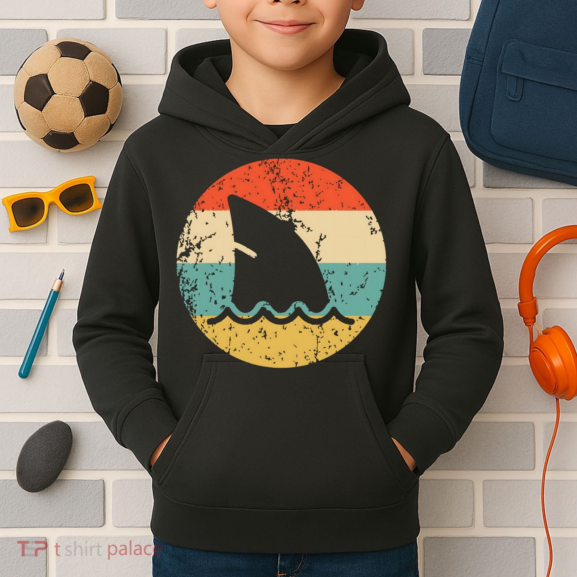 Shark Fin Retro Style Shark Kids Hoodie