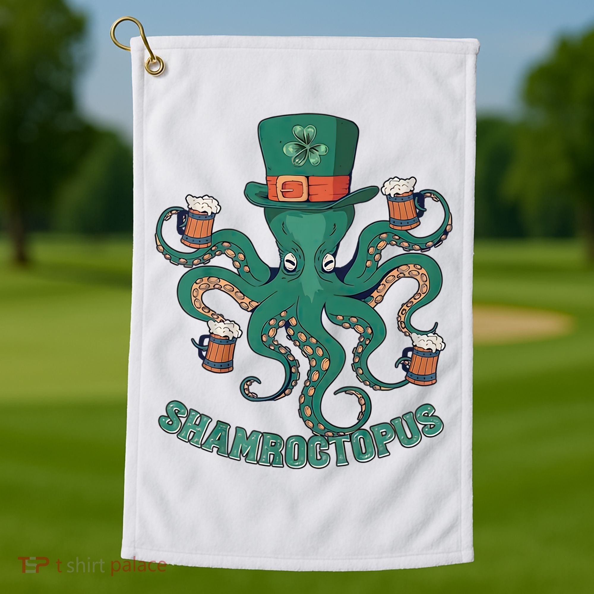 Shamroctopus Funny St Patrick's Day Octopus Drinking Team Golf Towel